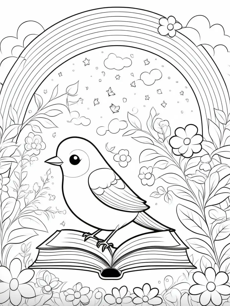 Whimsical Kids Coloring Page Birds Dream Adventure under the Rainbow