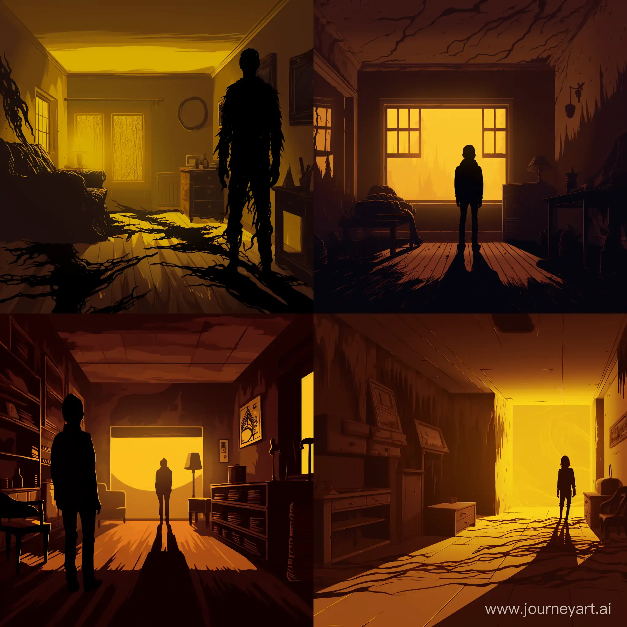 Draw the first level of backrooms, dark yellow walls, a dark silhouette of a monster in the distance, realistic, 4K