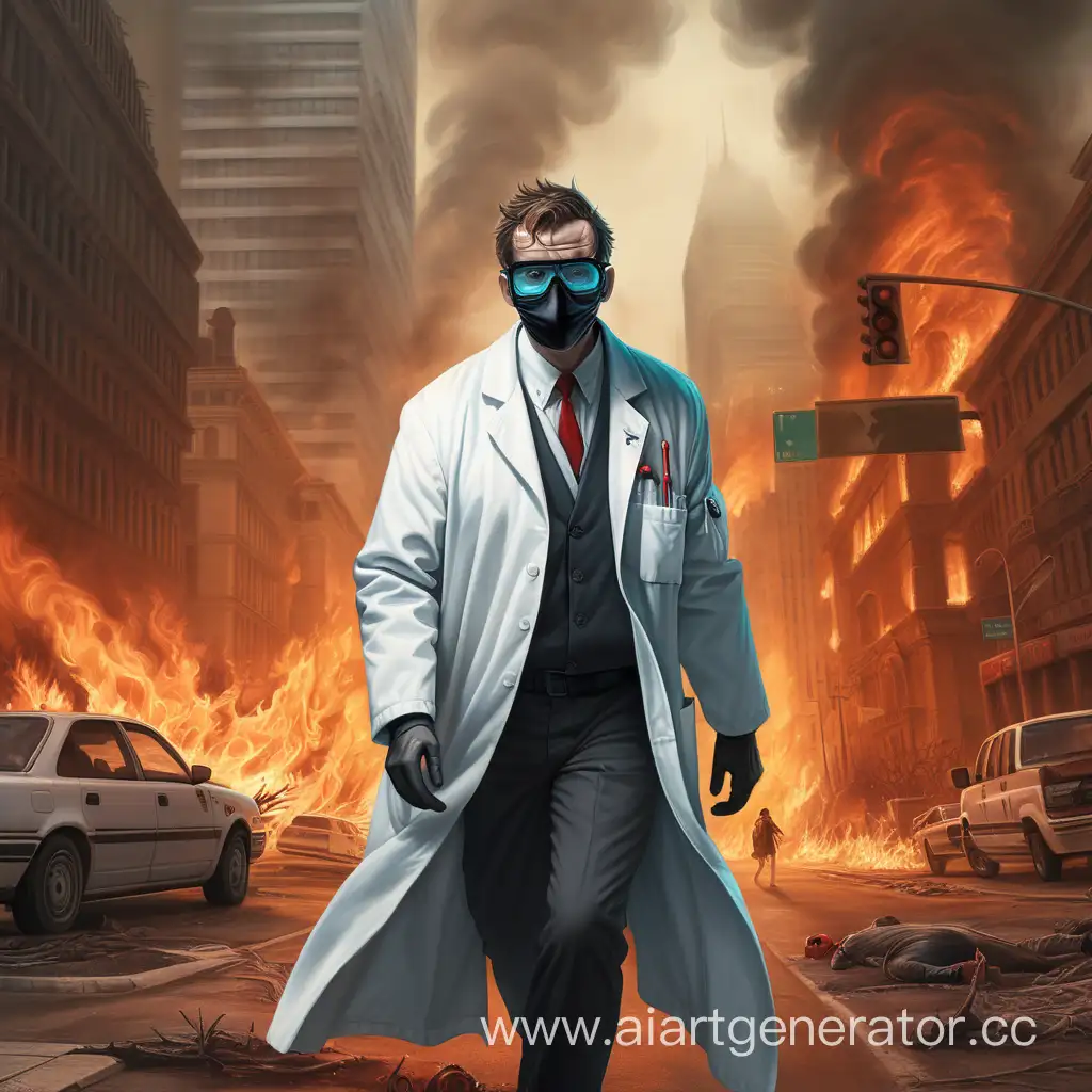 Scientist-in-White-Coat-Confronts-Terrifying-Creature-Amidst-Burning-City
