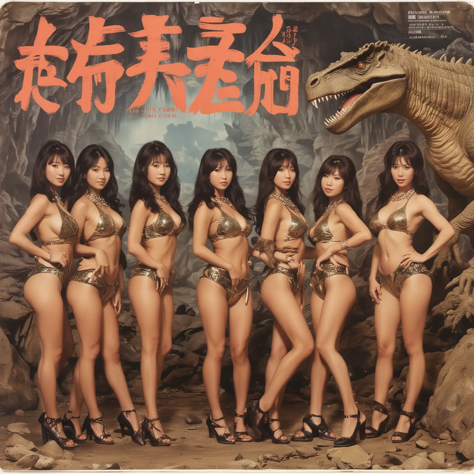 record sleeve for japanese girl group called “Idol Wild”, with photo of oriental cave girls fighting a fake-looking dinosaur, women wearing skimpy furs in the style of ‘One Million Years bc”. record designed with printed titles and company marks and patina slightly worn