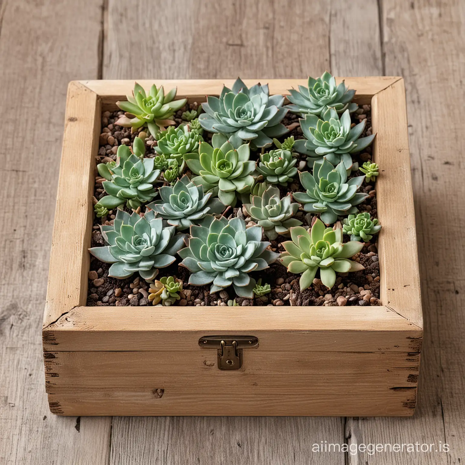 a small worn and rustic, square wooden box for a centerpiece container filled with succulents for a simple, rustic centerpiece