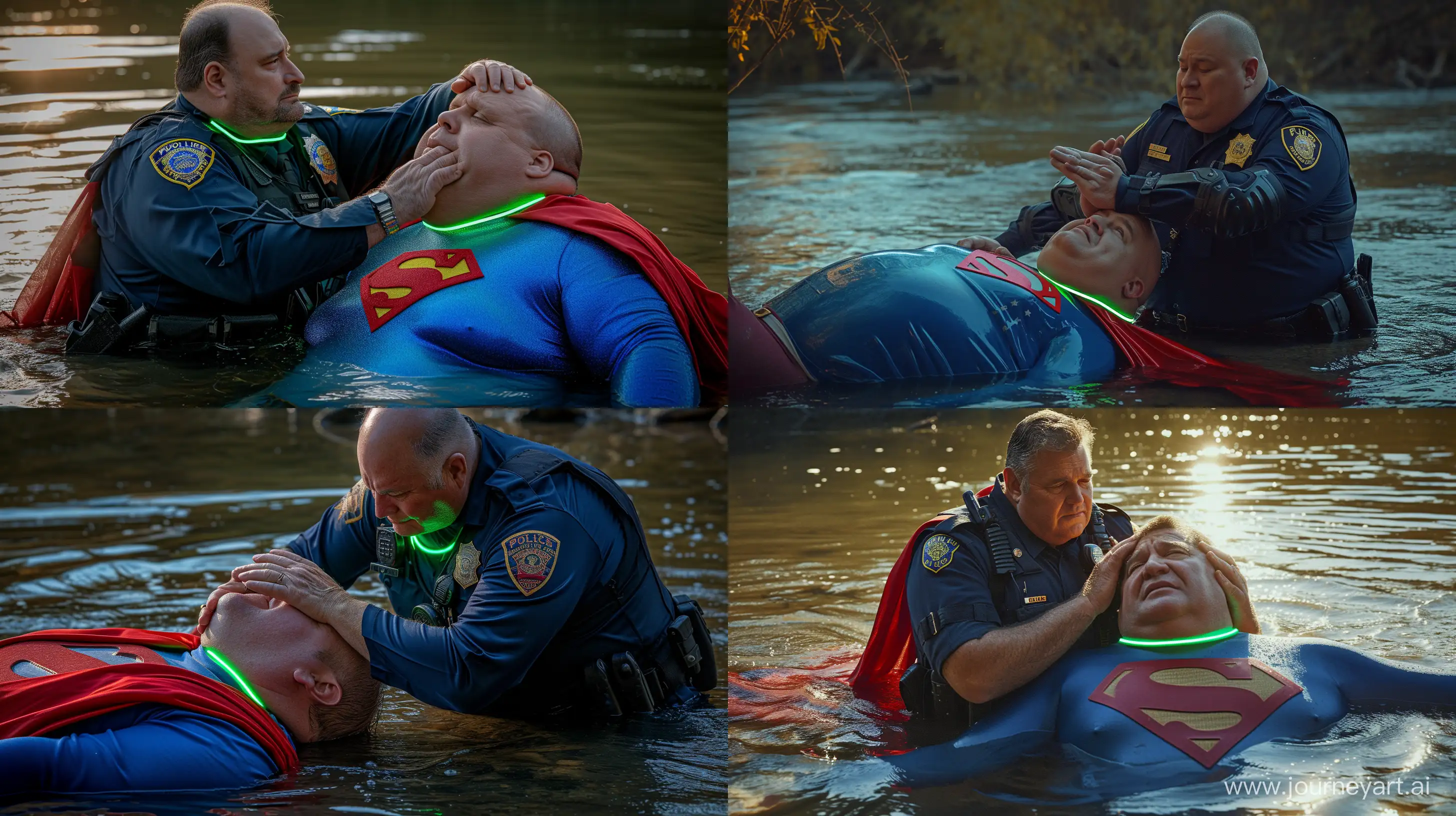 Photo of a 100 kg man aged 60 wearing a navy police tactical silk tight uniform. His hands are placed on the head of a fat man aged 60 wearing a tight blue 1978 smooth superman costume with a red cape and a tight green glowing neon dog collar on his neck lying in the water. Natural Light. River. --style raw --ar 16:9 