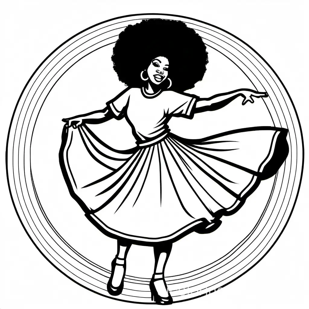 afro female soul dancer spinning around wearing a full circle skirt, flat shoes , Coloring Page, black and white, line art, white background, Simplicity, Ample White Space. The background of the coloring page is plain white to make it easy for young children to color within the lines. The outlines of all the subjects are easy to distinguish, making it simple for kids to color without too much difficulty
