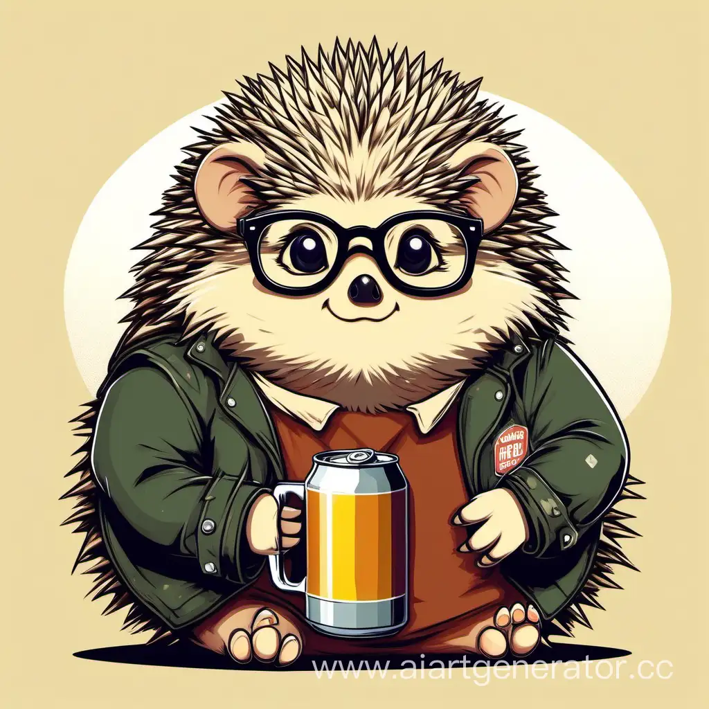 Милый пухлый ежик в очках, с банкой пива, задумчивым взглядом и в костюме