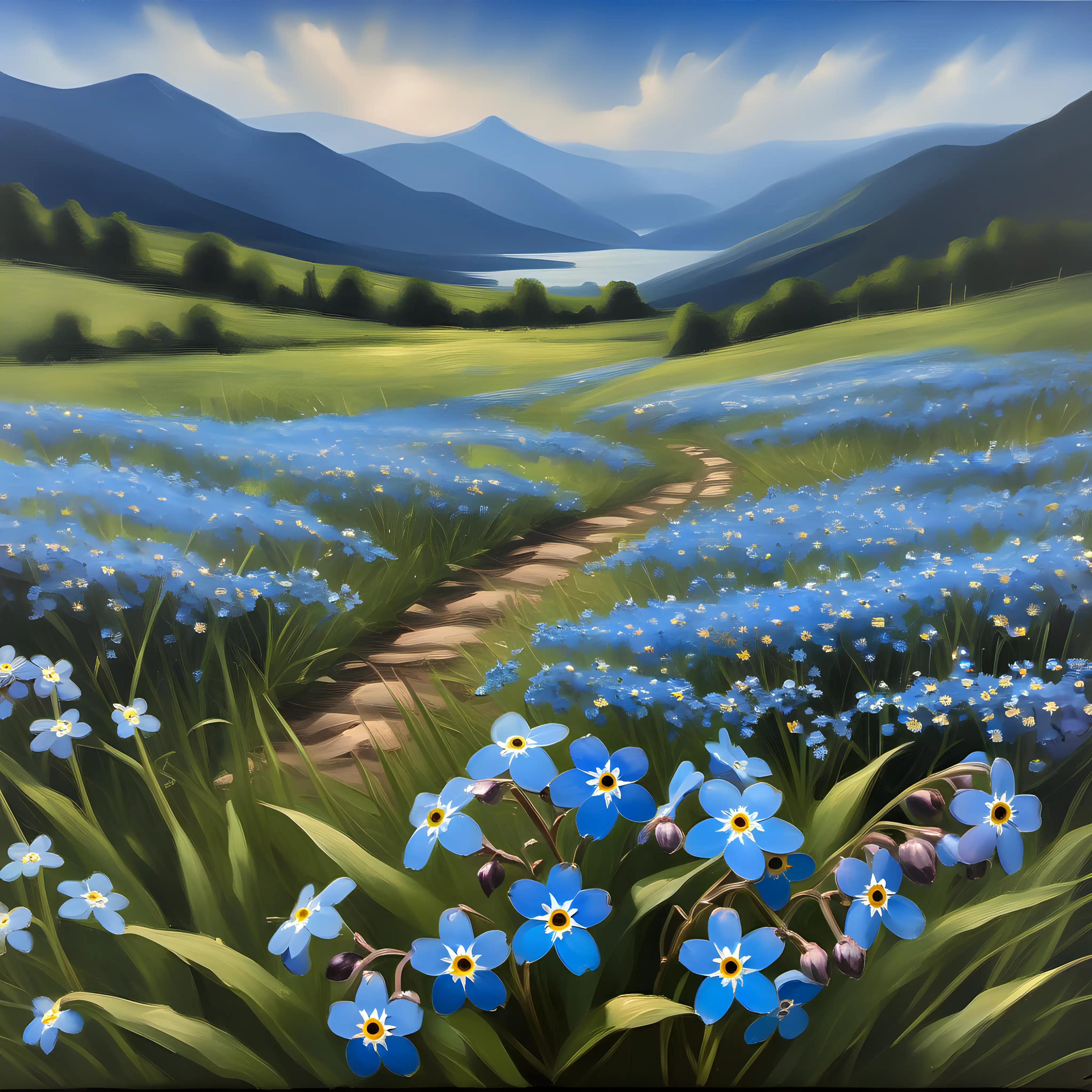 Vibrant Oil Painting of ForgetMeNot Flowers Amid Mountain Scenery