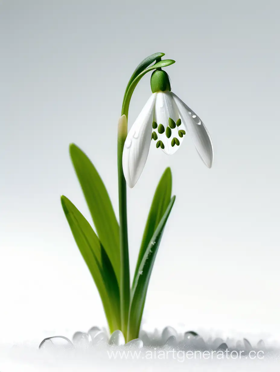 Snowdrop wild flower 8k with natural fresh green leaves on white background 
