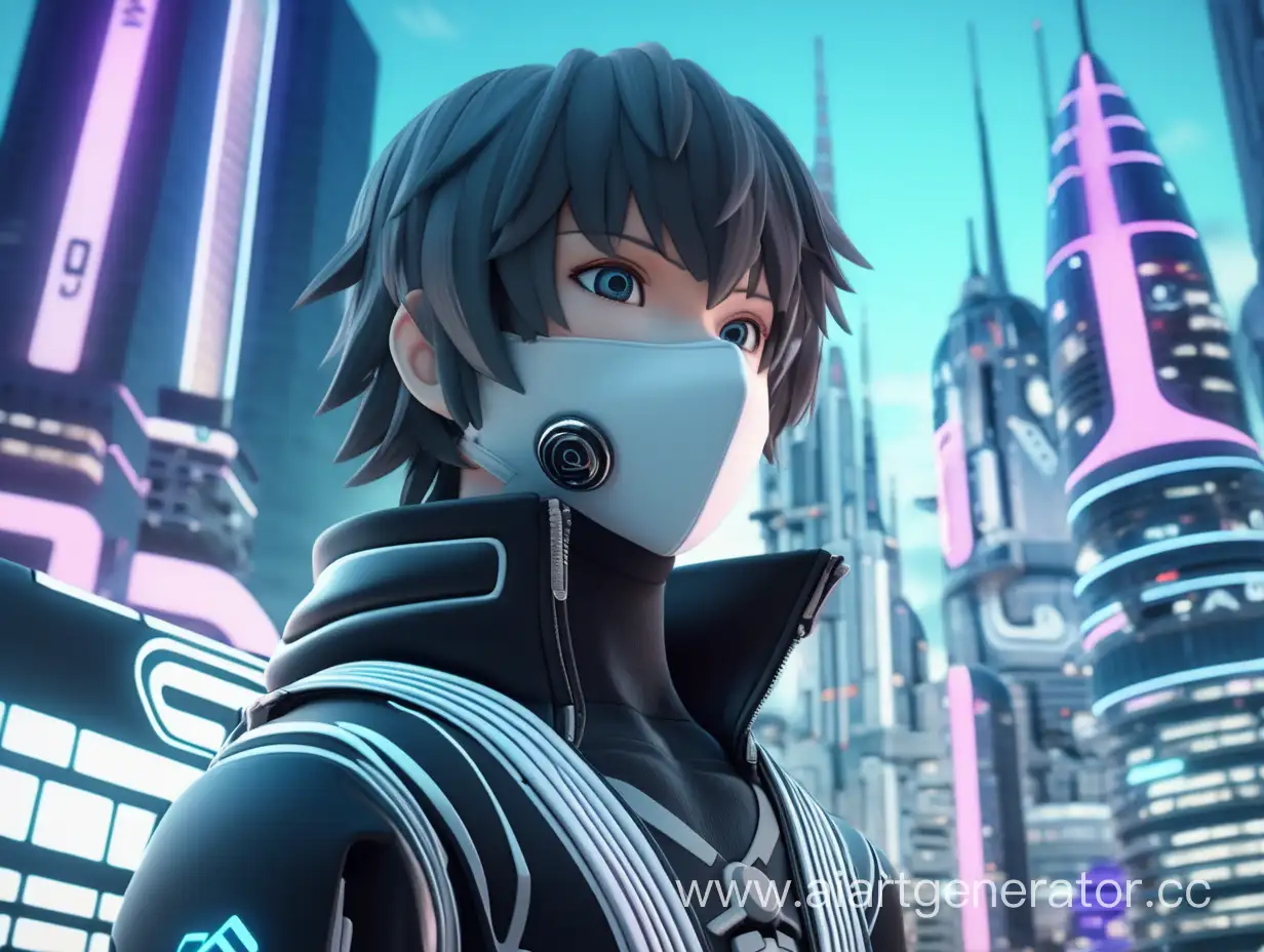 3Д персонаж аниме в маске, смотрящий в бок, на фоне город будущего