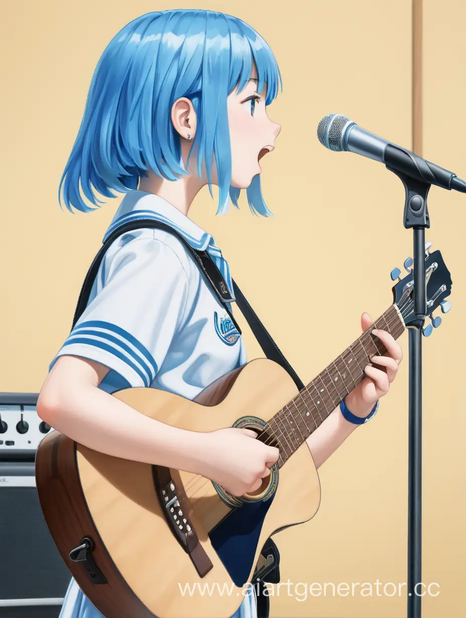 молодая девушка с голубыми волосами, стоит в профиль, поет, играет на гитаре, по пояс, в школьной форме 