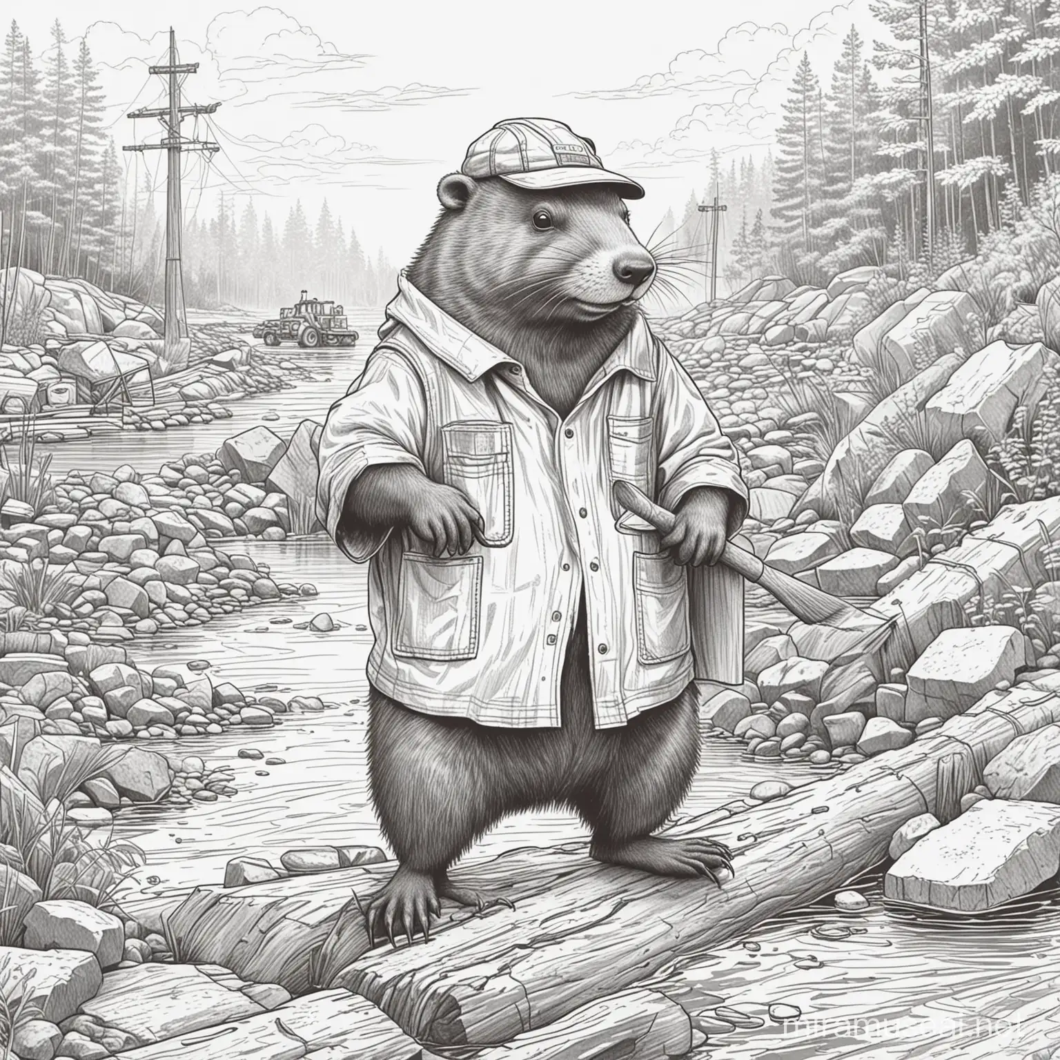 line art of beaver working as construction workers and building a dam and wearing cloths like humans 