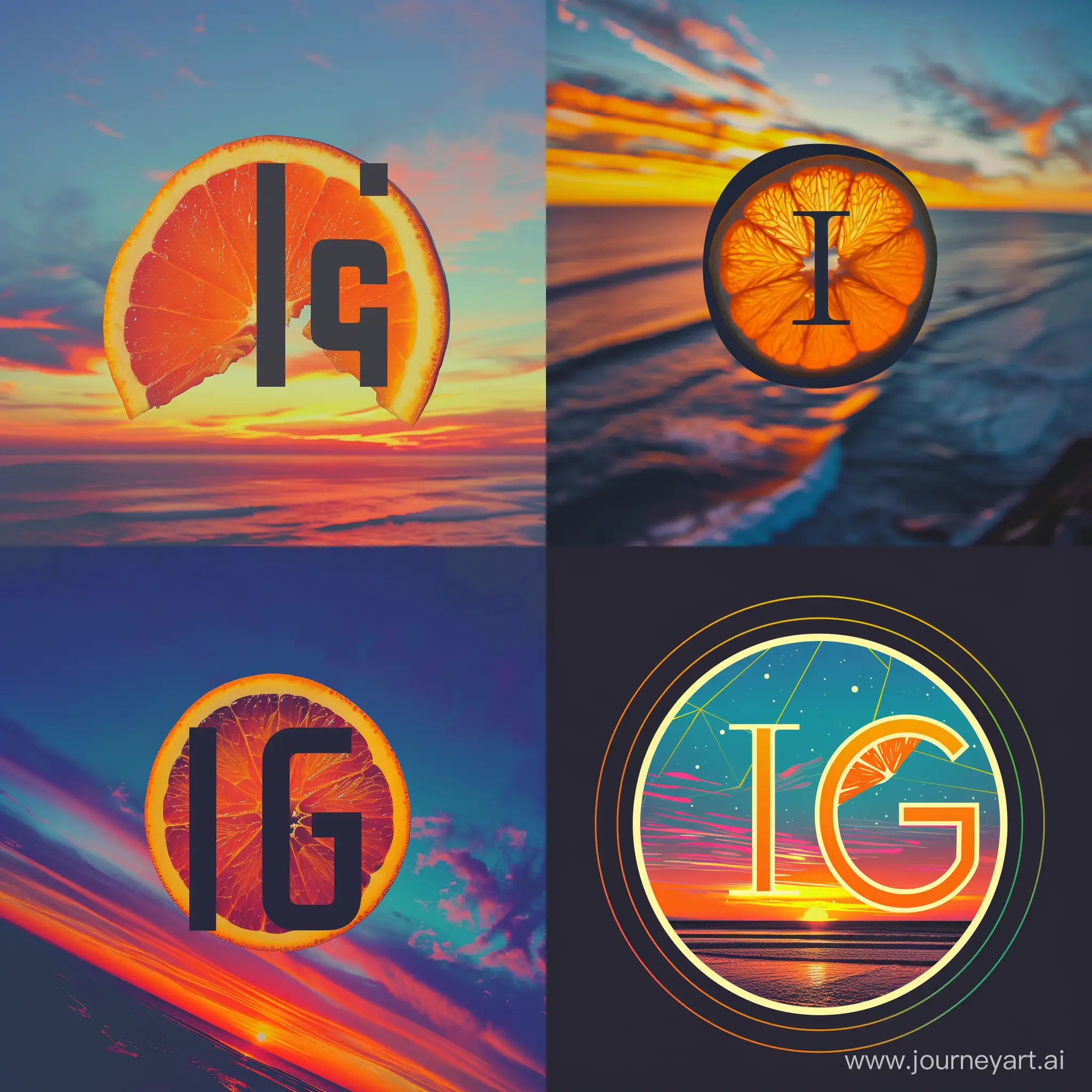 Minimalistic lettermark logo featuring "I" and "G" , Orange slice, Graphic design, Harmonic, Nutritionist, Simple, Compact camera, Fisheye lens, Sunset with vibrant colors,  N/A (Digital) --v 6 --ar 1:1 --no 61746