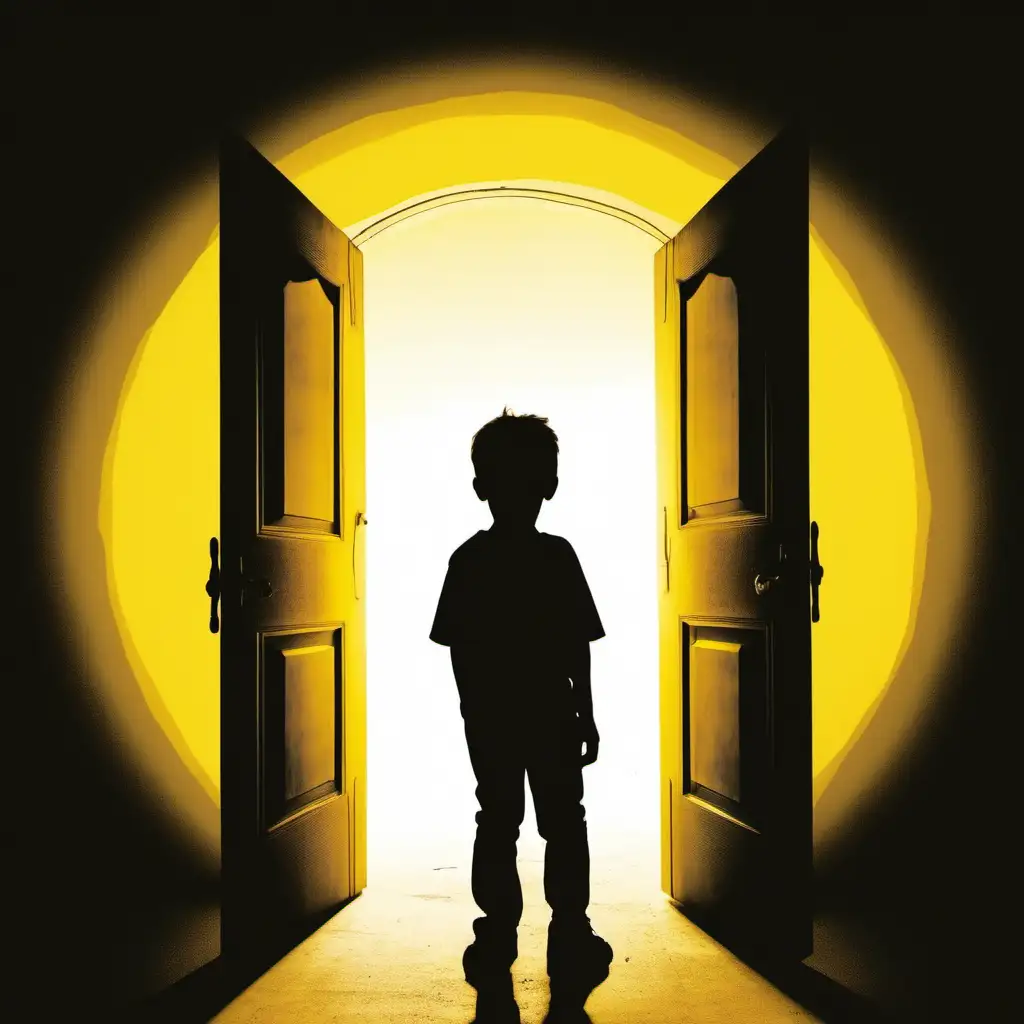 a boy silhouette with open doors and there is bright light yellow circle 