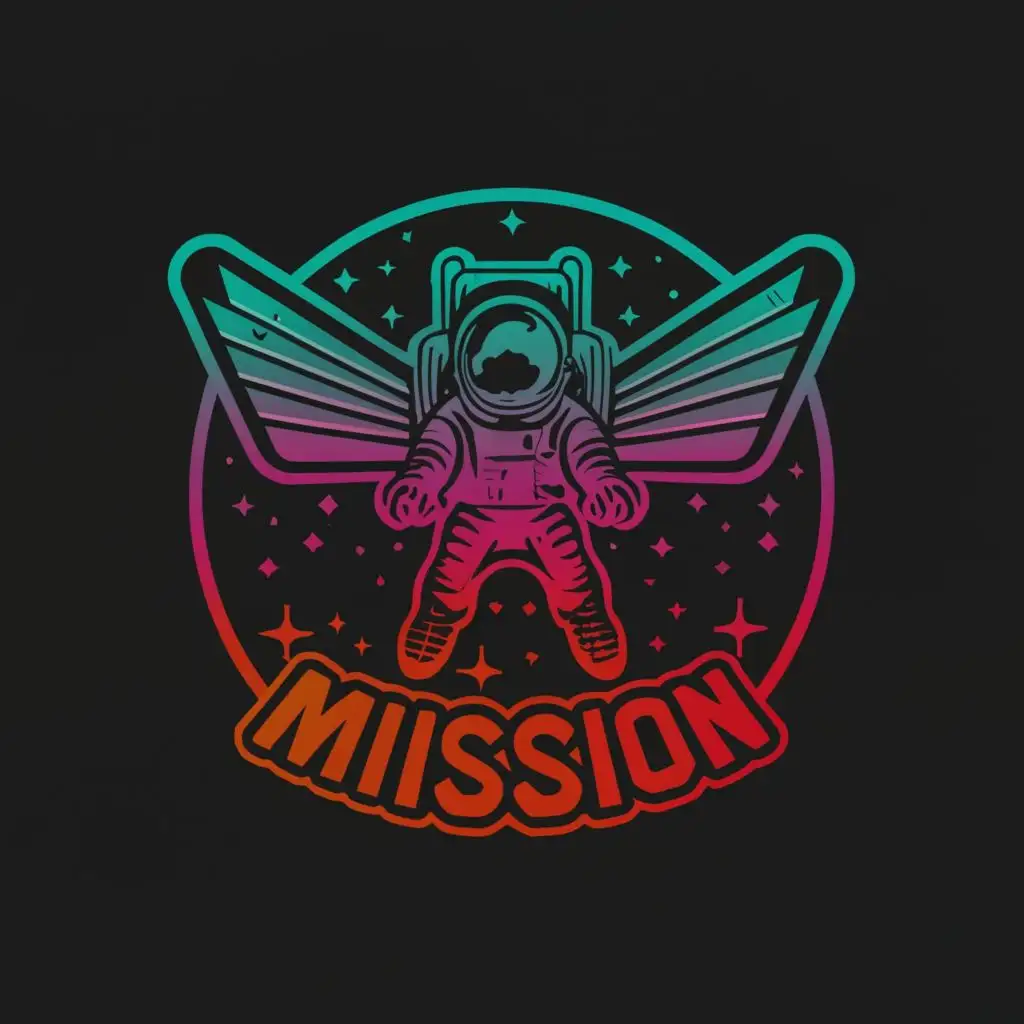 logo, Incorporate a butterfly in a 1980's NASA space exploration style, have the butterfly be more simplistic and wearing a space suit, with the text "Mission", typography, be used in Technology industry. Stenciled image less 80's, less colour, remove the outer circle, make it greyscale
