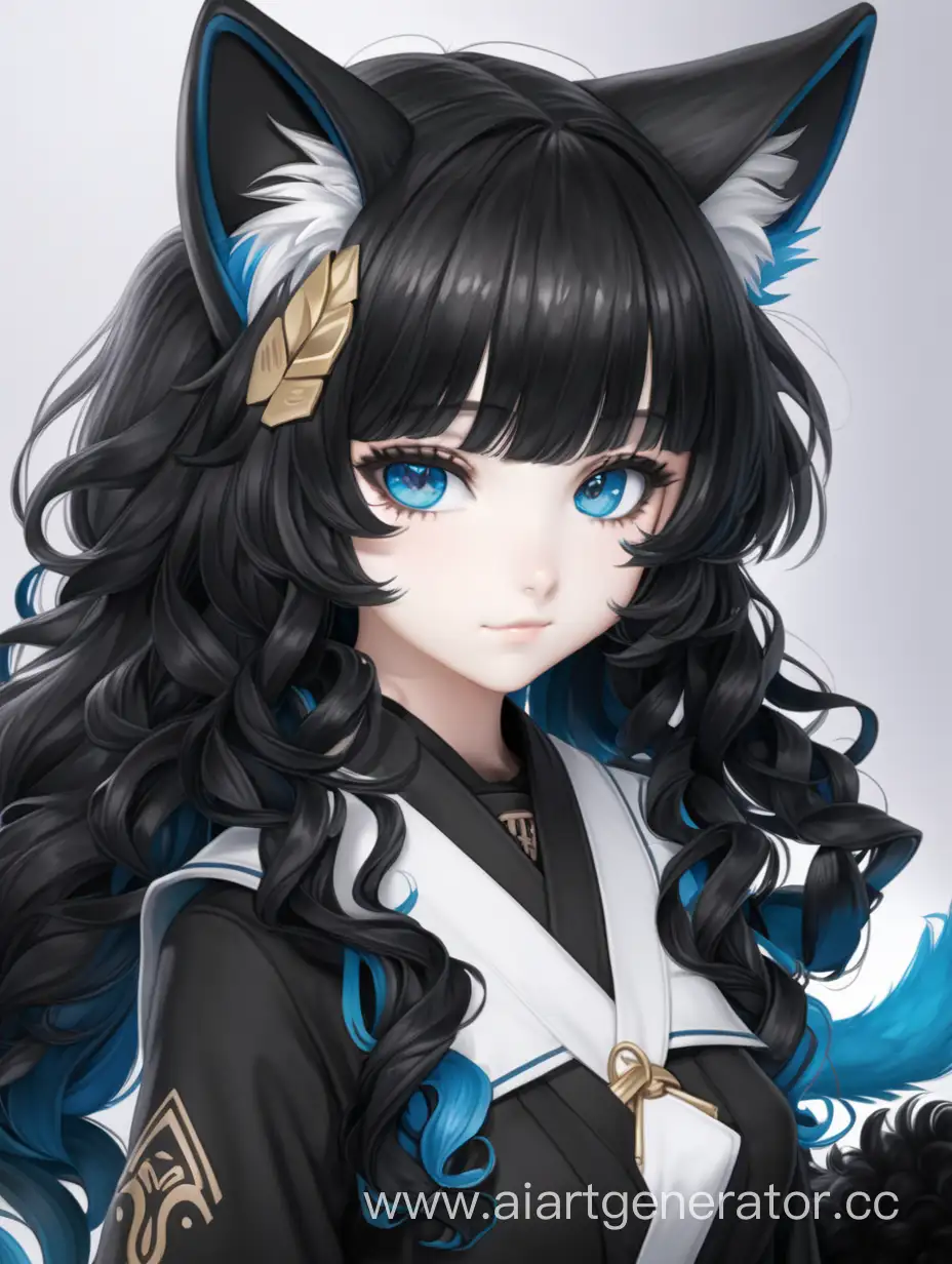аниме девушка лиса с черными кудрявыми волосами и голубыми глазами. с чёрным пушистым хвостом
