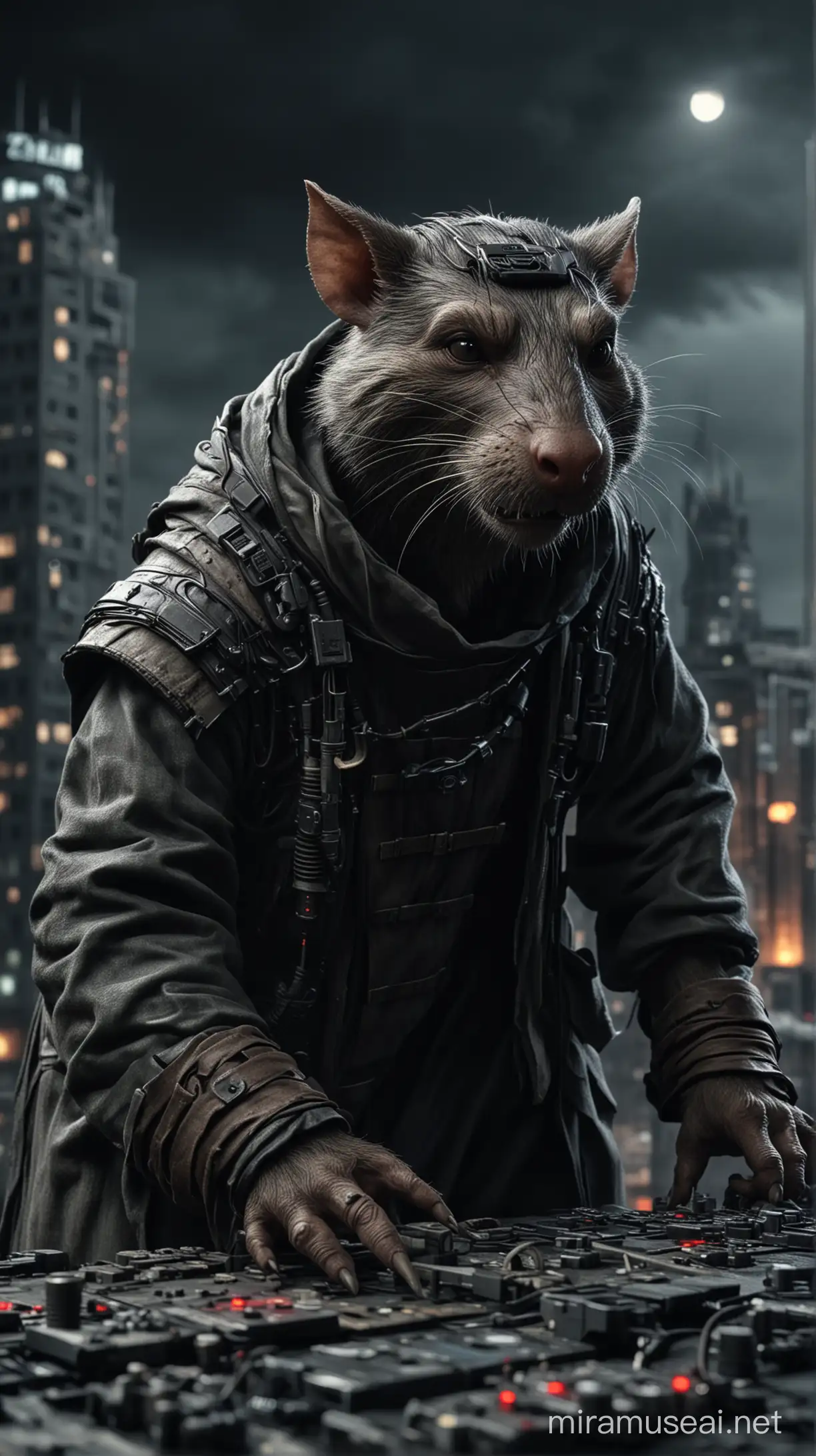 Master Splinter ,darkness Electronic, Photo realistic,dark apocalypses cityscape backdrop, cinematic, HDR.close up view