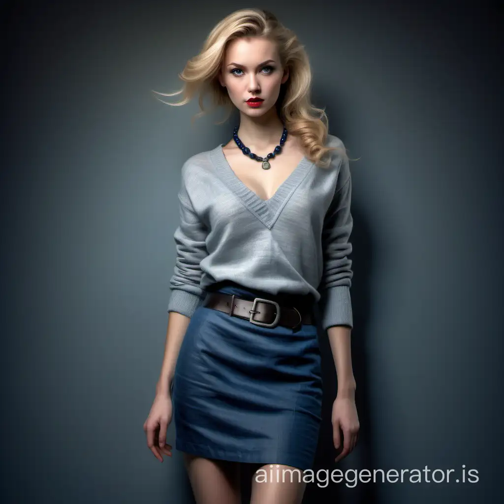 A very beautiful slender young woman with pinned up long blonde hair, large necklace, gray sweater, deep V-neck, blue linen skirt, belt, stockings, black pumps, detailed, photorealistic