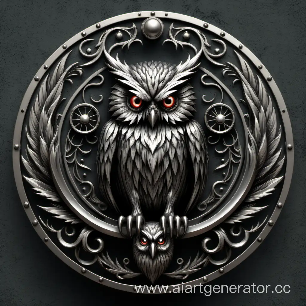 логотип злые совята в стиле 19 века, реалистичные, в металле
