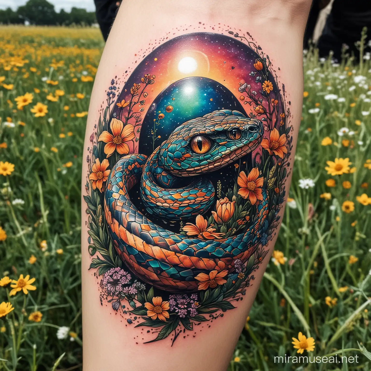 Futuristic Snake and Psychedelic Egg Tattoo Amidst Wildflowers