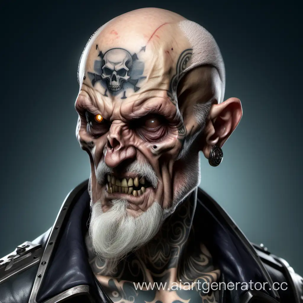 madness old man, warhammer 40000 rogue trader, chaos,
pancake gray beard receding, hairline,fanatic,skinny,
portrait,tattoo of a skull on the forehead,realism