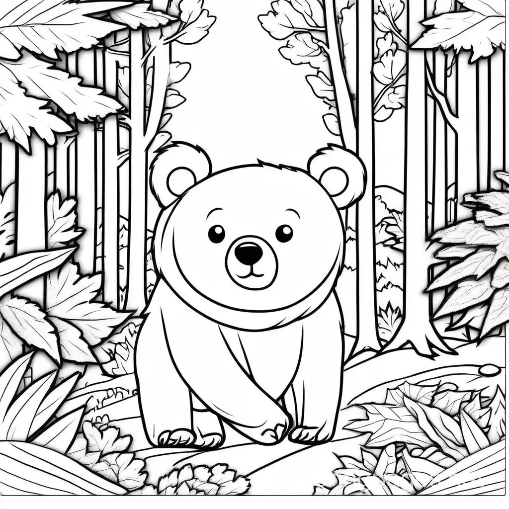 bear in the woods, Coloring Page, black and white, line art, white background, Simplicity, Ample White Space. The background of the coloring page is plain white to make it easy for young children to color within the lines. The outlines of all the subjects are easy to distinguish, making it simple for kids to color without too much difficulty