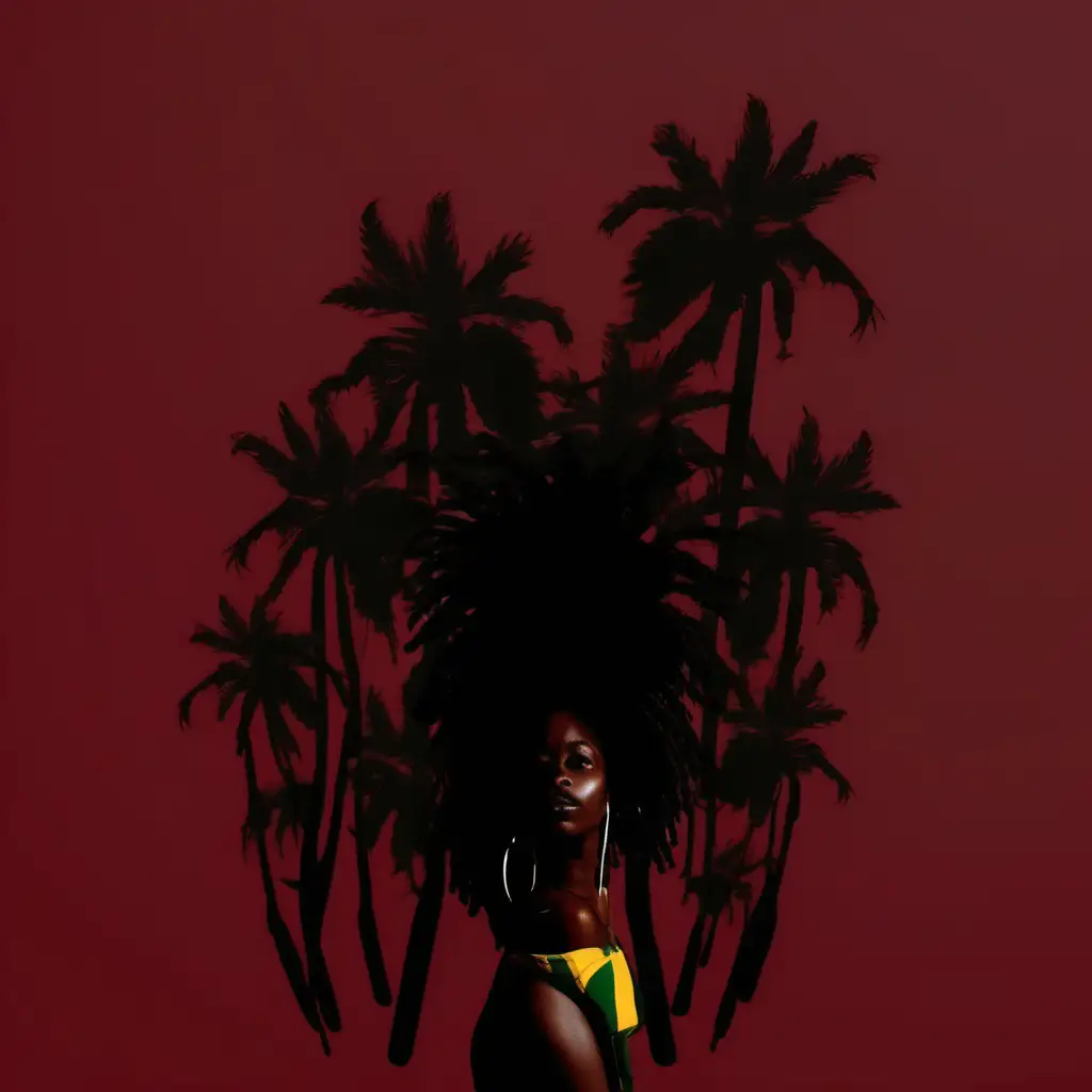 black woman
red, yellow and green background
hair is natural locs in the shape of palm trees
use something similar to the image