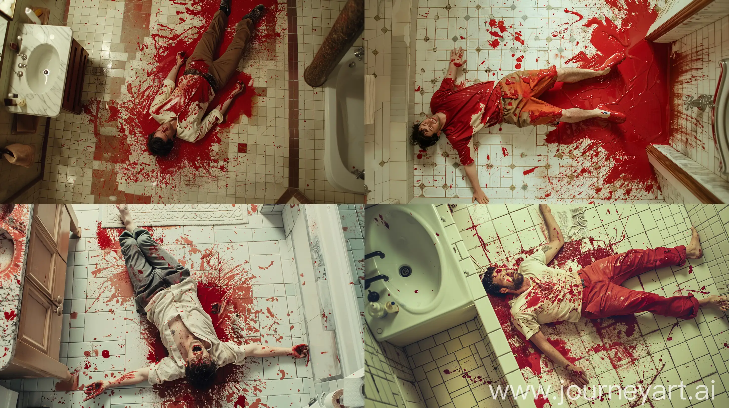 An overhead view of a man lying on the bathroom floor covered in red paint, --q 5 --ar 16:9