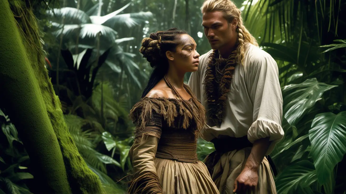 A young Maori woman wearing a long-sleeved fancy 1600s gown climbs through a tropical jungle, she has elaborately braided hair, she has a determined expression on her face, her skirt is muddy, a young white blonde man in 1600s Dutch clothing climbs beside her, he looks at the jungle warily 