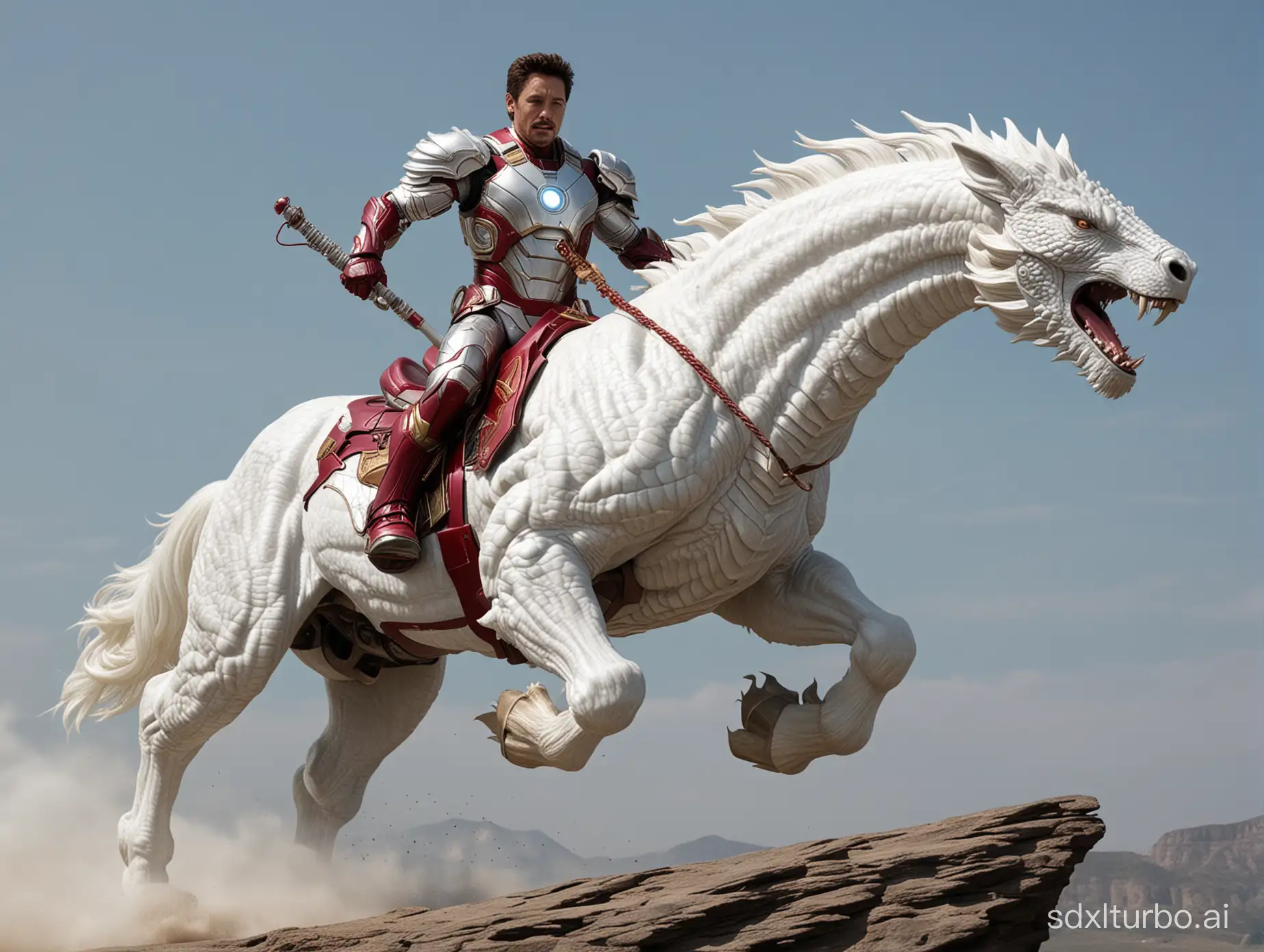 Iron-Man-Riding-a-White-Dragon-Horse-Epic-Marvel-Superhero-Fantasy-Art