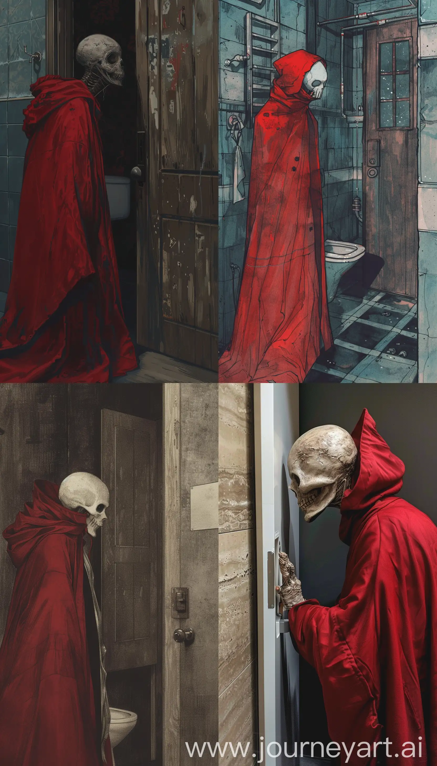 Akamanto, a macabre and strange character from Japanese legend, wearing a red cloak and looking at the door of a bathroom --ar 4:7 --v 6