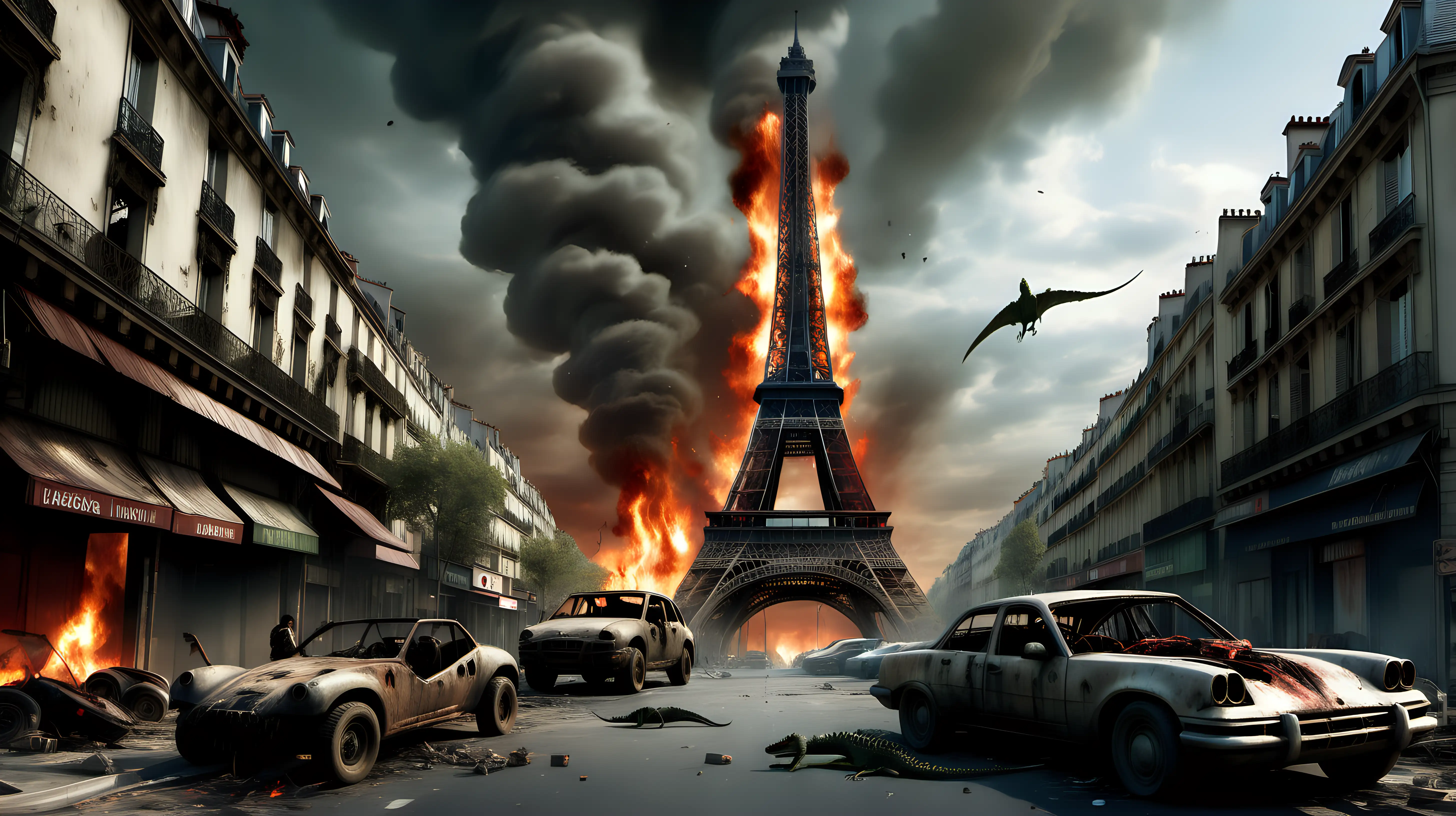 Eiffel Tower in a post-apocalyptic setting with fire, damaged cars, and a crocodile in the street ::