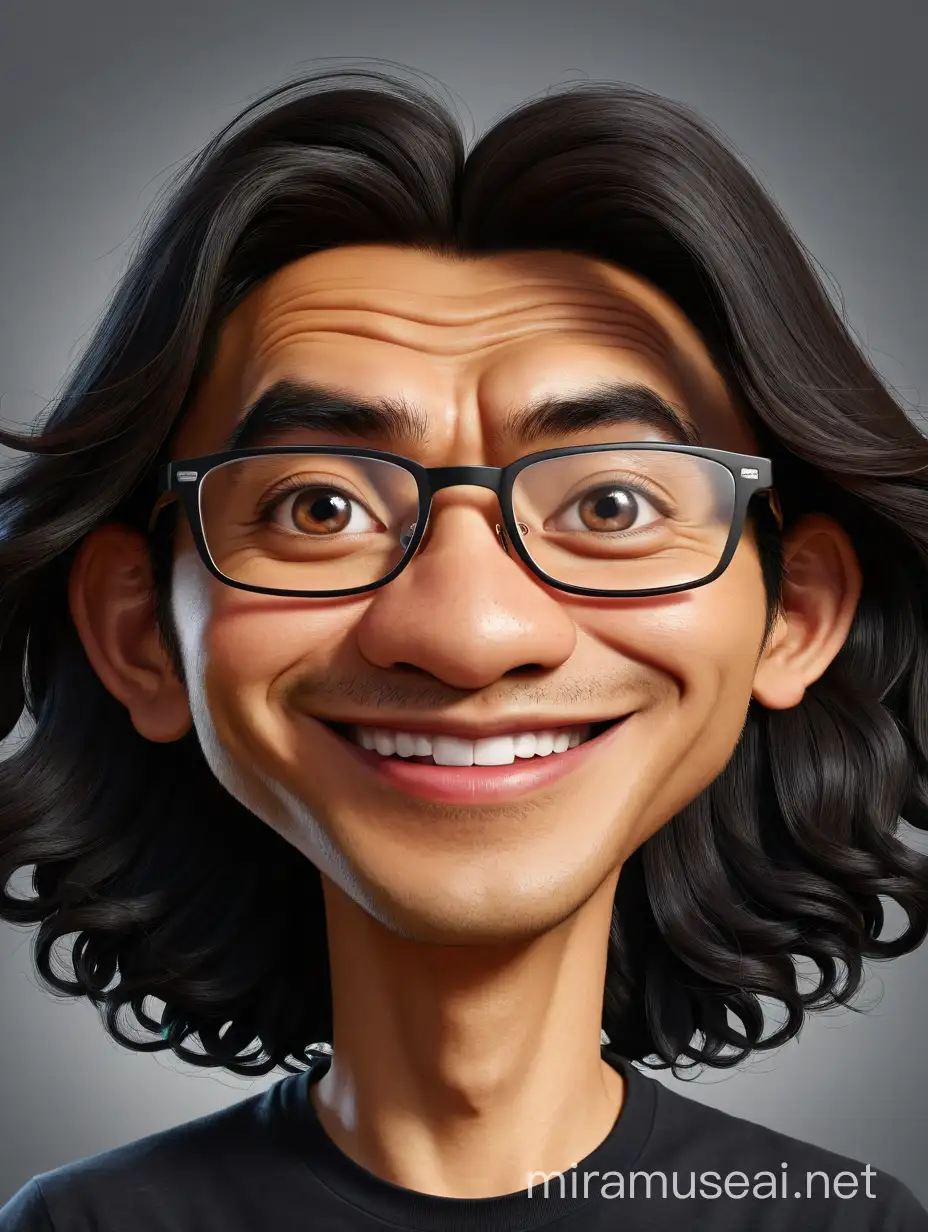 A caricature of an indonesian man wearing black t-shirt, big head, glasses, very long wavy hair, Front view happy pose