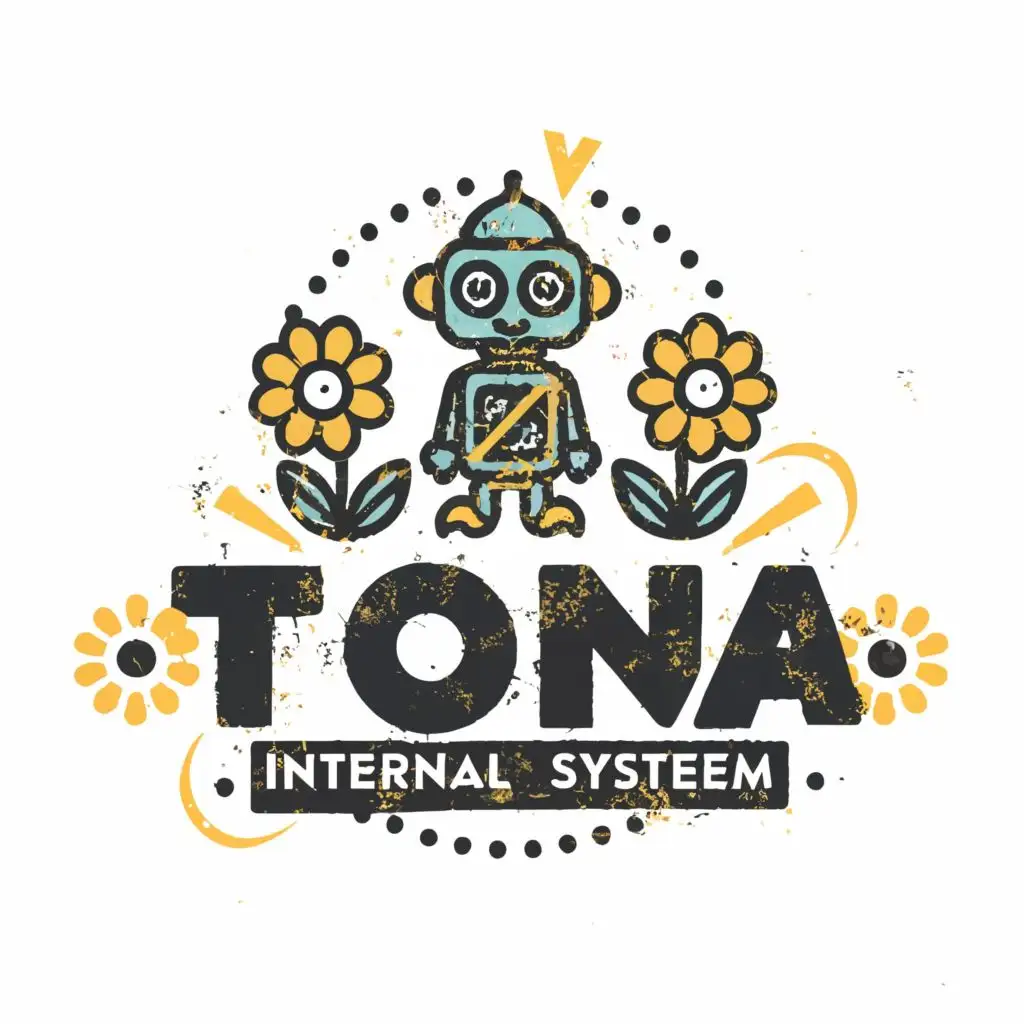 logo, two little daisy, gear, robot, with the text "TONA internal system", typography