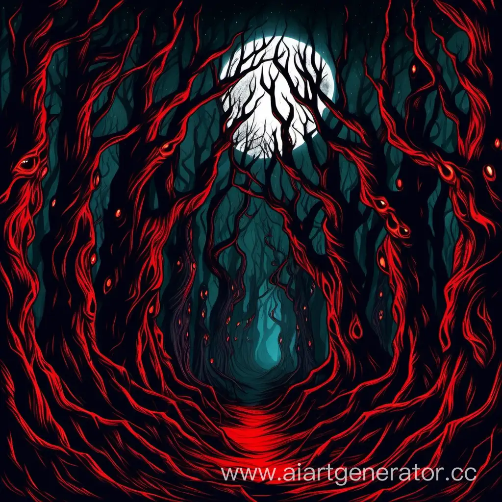 ночь тёмный лес страшные ветки деревьев лица демонов красные глаза в далеке