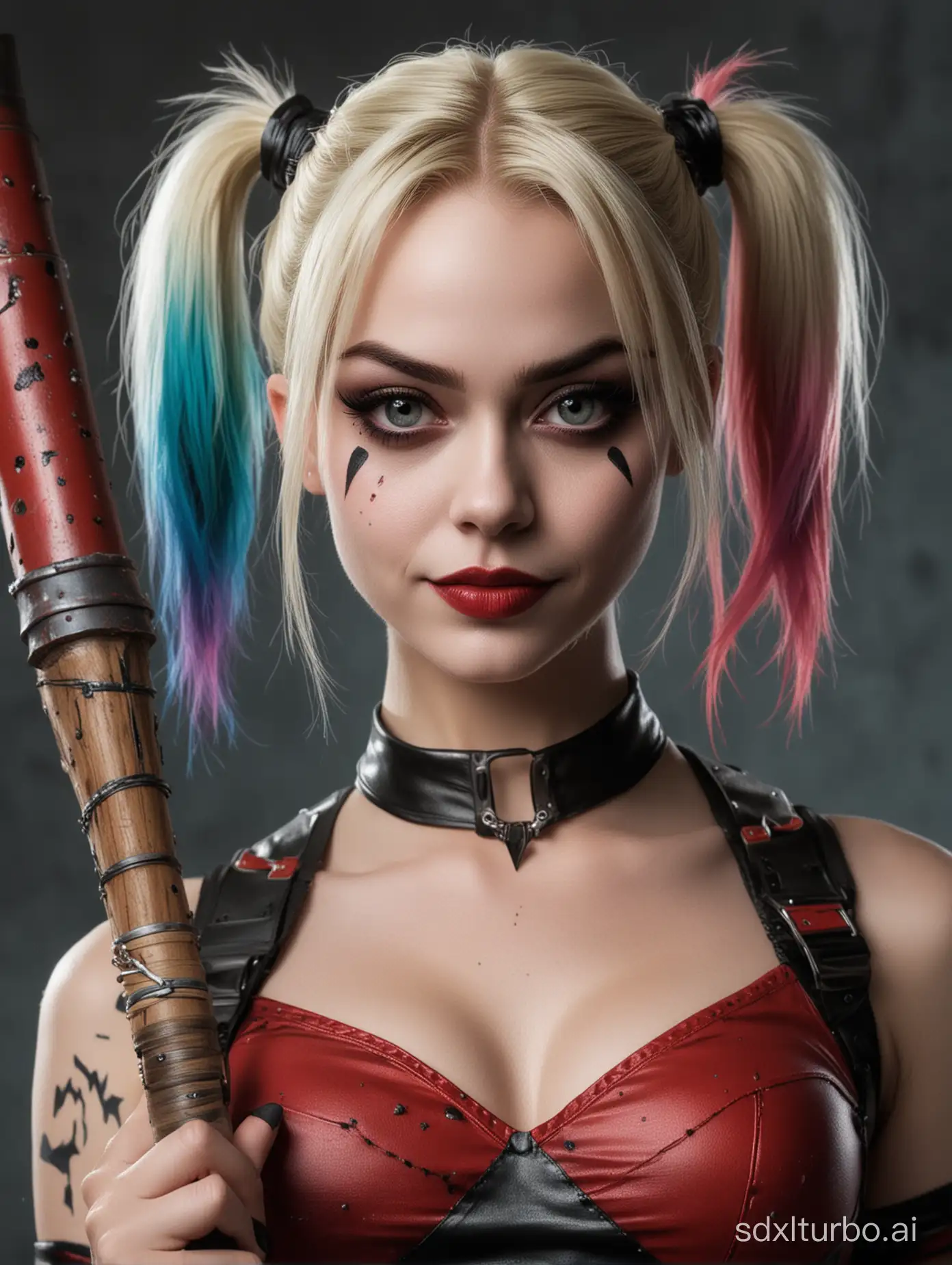 harley quin, very beautiful, with perfect face, holding a bat with nails