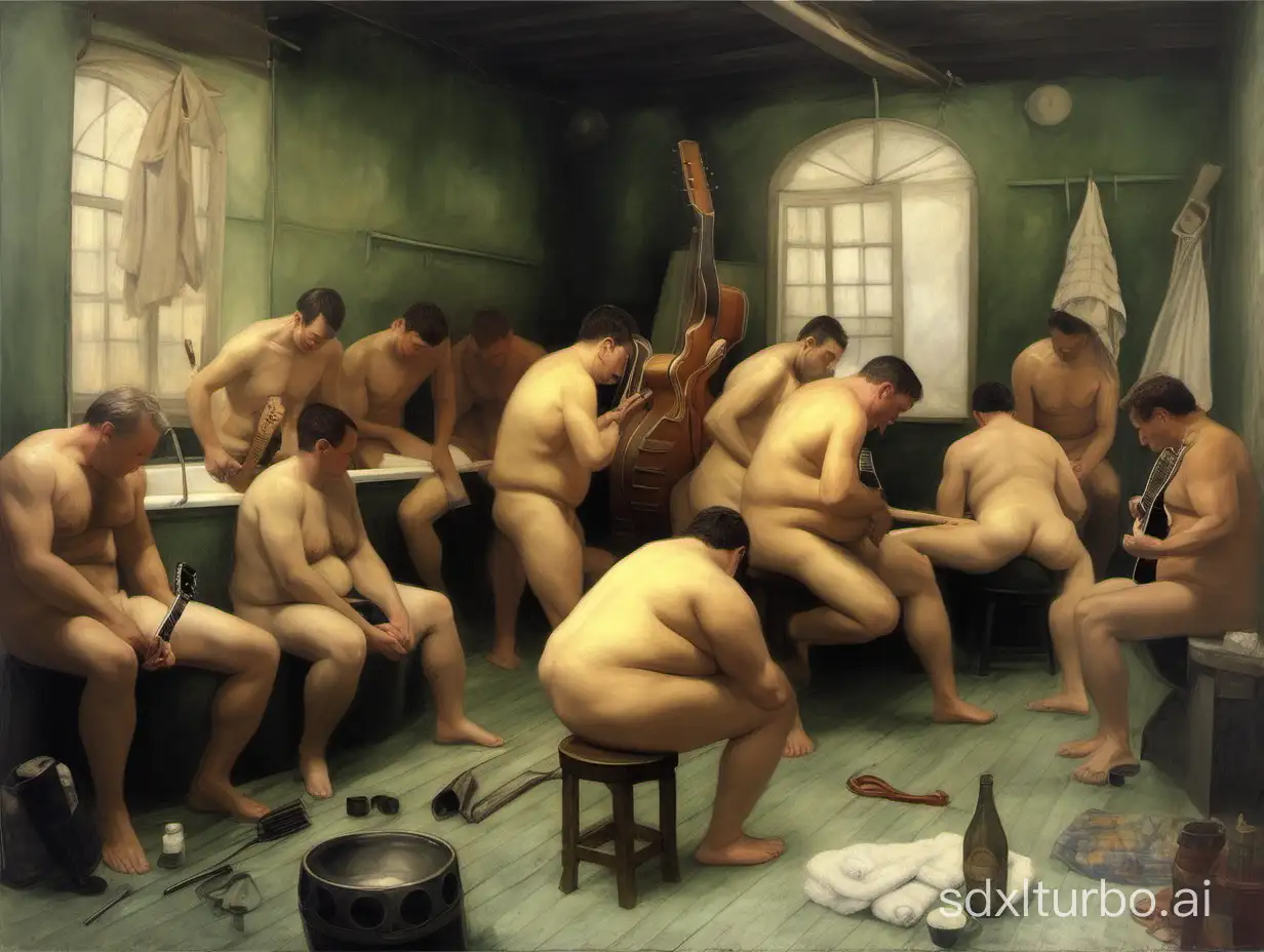 men's soldier's bathhouse. many naked men in one room, plays the guitar. the age of all men is 40+, men are fat, thin, in full height, plays the guitar,  
Impressionism