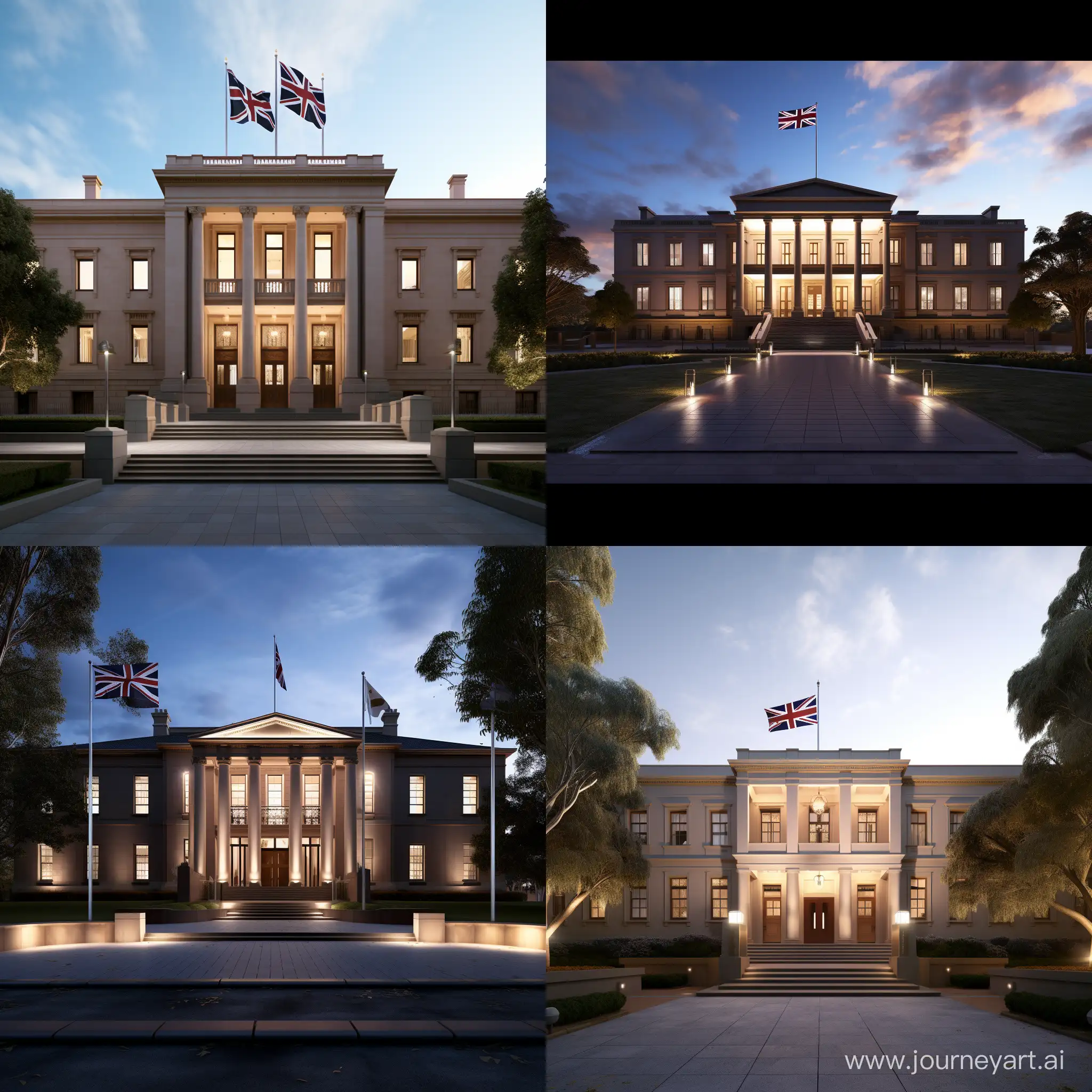 high quality, cinematic lighting, 8k uhd, hyper realistic, Generate an image depicting the Australian Parliament House or the Government House, the official residence of the Governor-General.Detail the architecture accurately, including the unique design elements and architectural features of the respective buildings.Show surrounding landscapes or settings to provide context and convey the significance of these locations in the Australian political landscape.