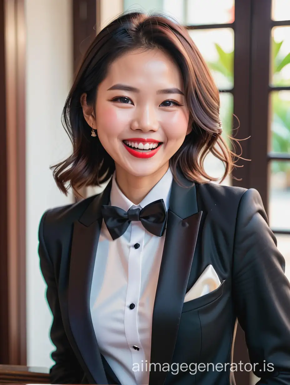 A laughing Vietnamese woman with shoulder length hair and lipstick is wearing a tuxedo.  Her jacket is open.