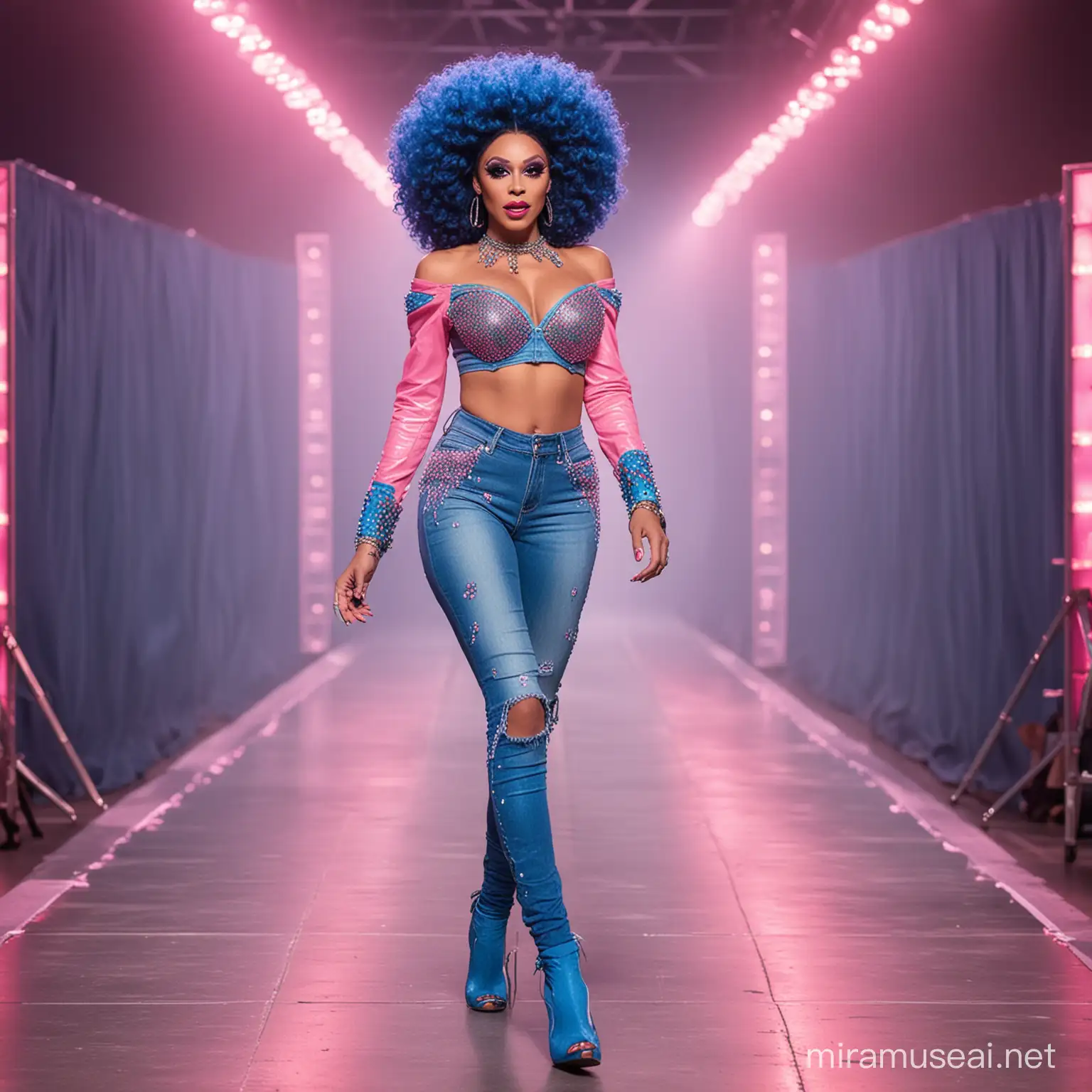 a full body image of a skinny brazilian neon drag queen walking on the Rupaul's Drag race runway wearing an outfit inspired by the prompt: denim 
