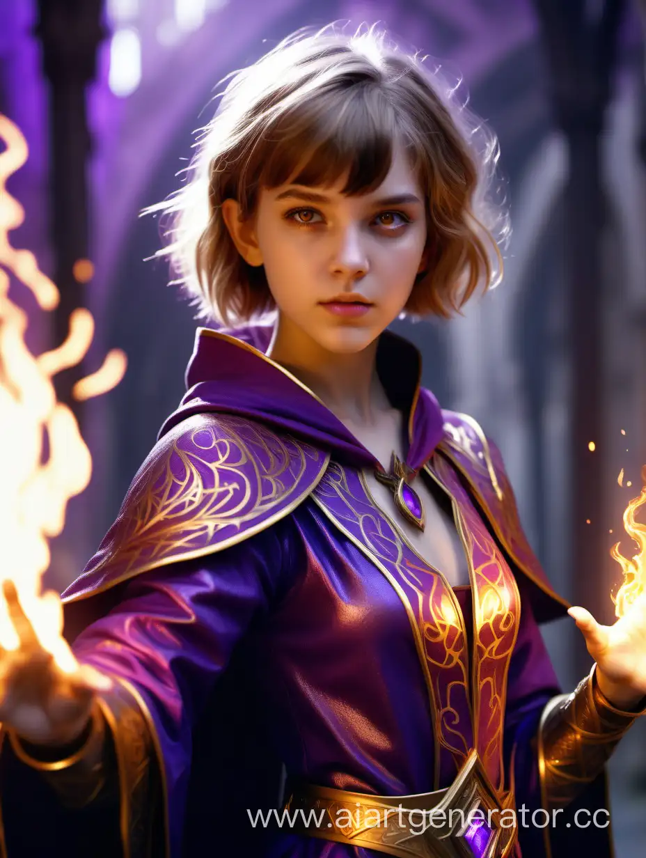 a young sorceress with dark blonde hair and brown eyes, short haircut, a fabulous magical purple battle mage costume with golden patterns, a fire spell from the palms, eyes glow, realism, 4k