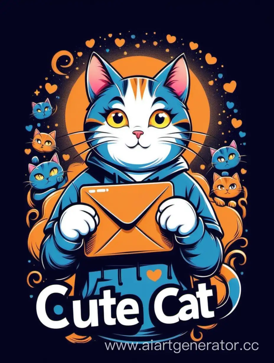 "Cute cat" with texting letter colureful font, and Cat on dark brandon t-shirt, Playful, Secondary Color, light art style, Contour, Vector, White Background, Detailed in the t-shirt design 