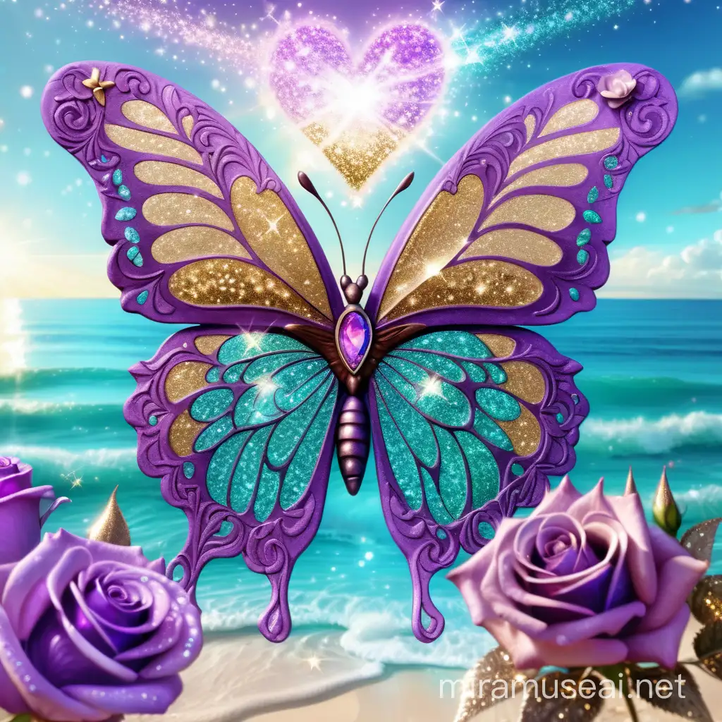 Elegant Butterfly Wings with Purple and Teal Roses on Sunny Beach