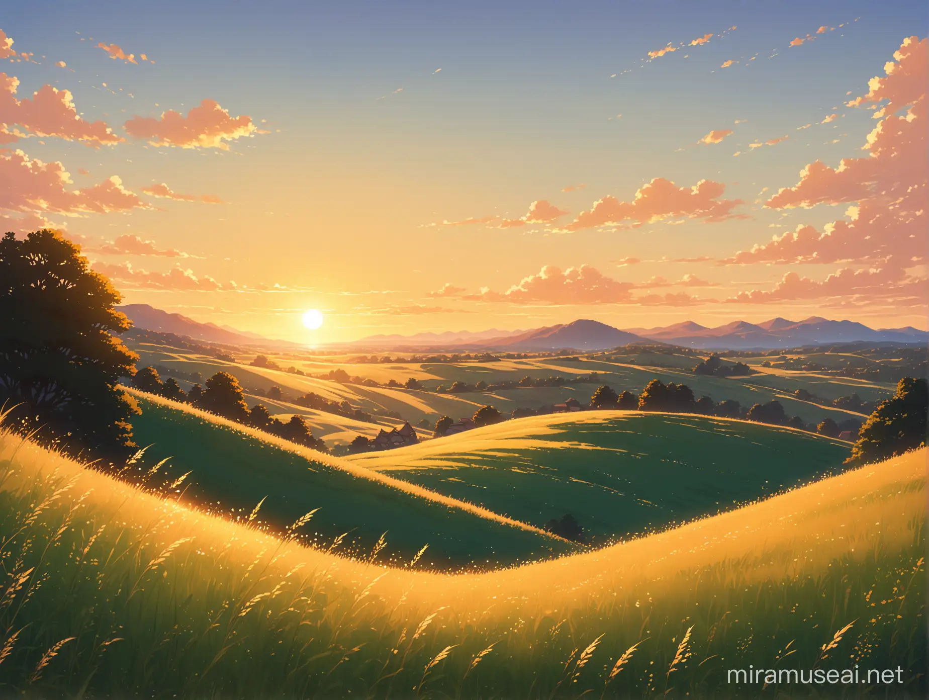 meadow in sunset, with clear blue wide sky, beautiful ambiance, golden hour, sharp focus, highly detailed, ghibli style