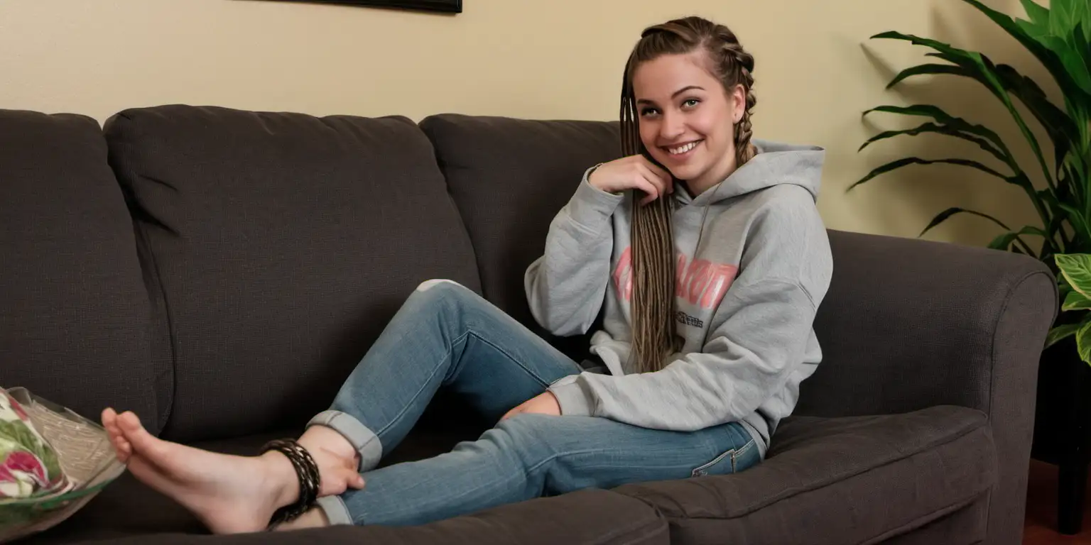 Smiling Woman Relaxing on Couch with Braided Hair and Barefoot