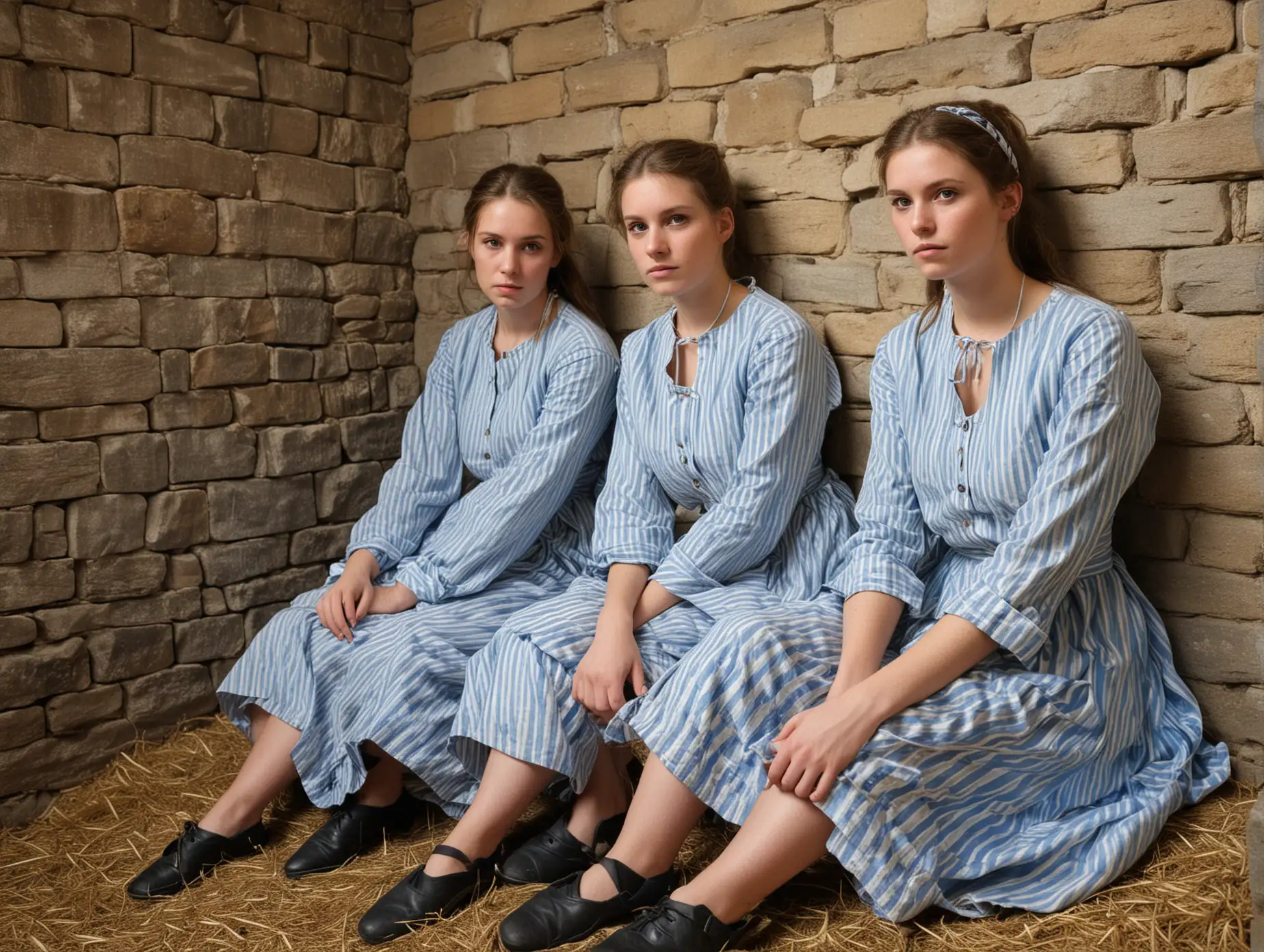 two busty female prisoners (german, 20 years old, everybody in same dress) sit on hay on the ground at a wall in a dark dungeoncell (stone walls, small barred window, 1800s) in worn blue-white vertical wide-striped buttoned longsleeve collarless prisonerdress( round-neckline, tied back hair), head to knee view, She is shamed and desperate