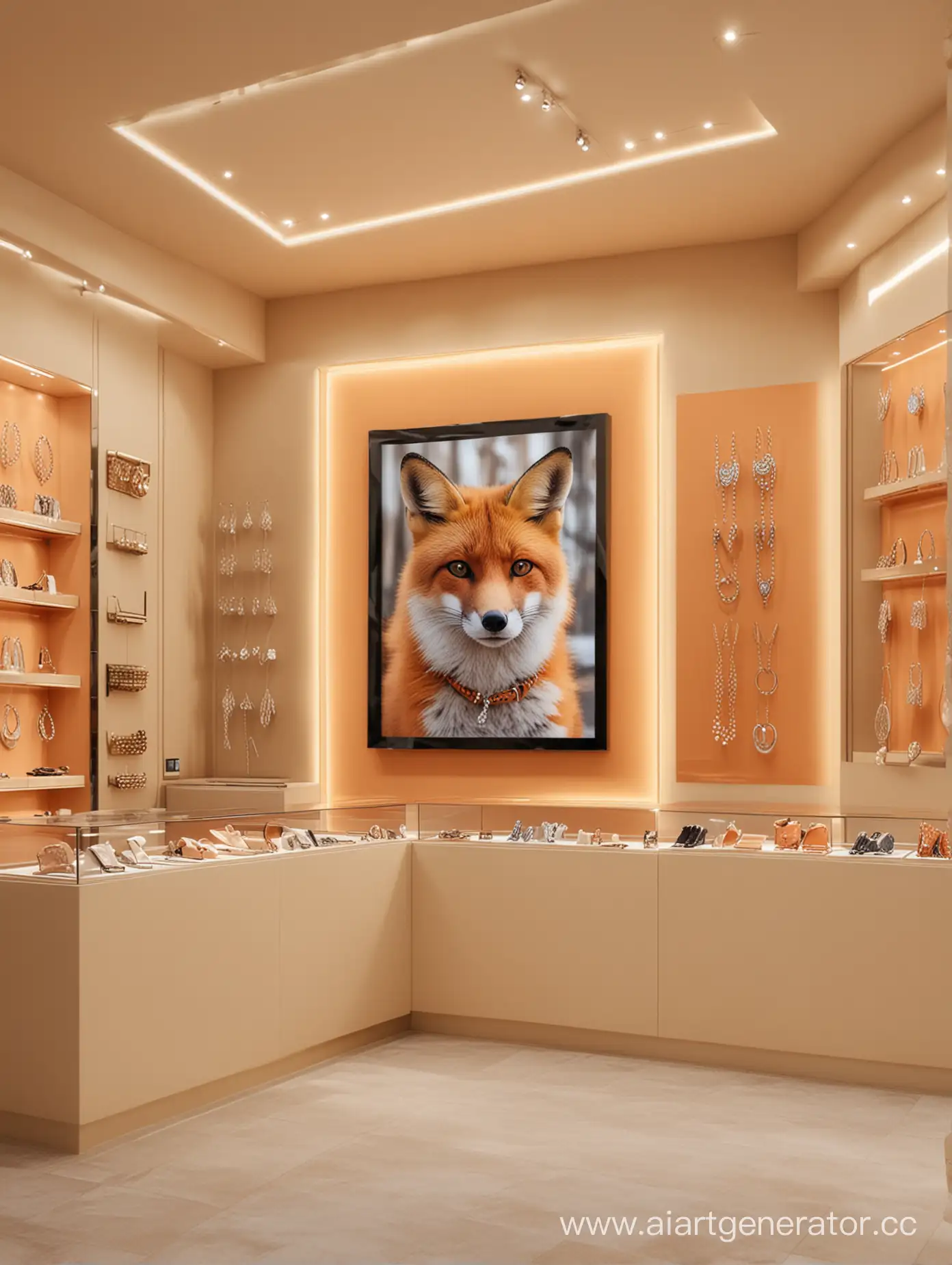 ювелирный магазин, бежевые и оранжевые цвета, digital экраны с изображением лисы, светлое помещение