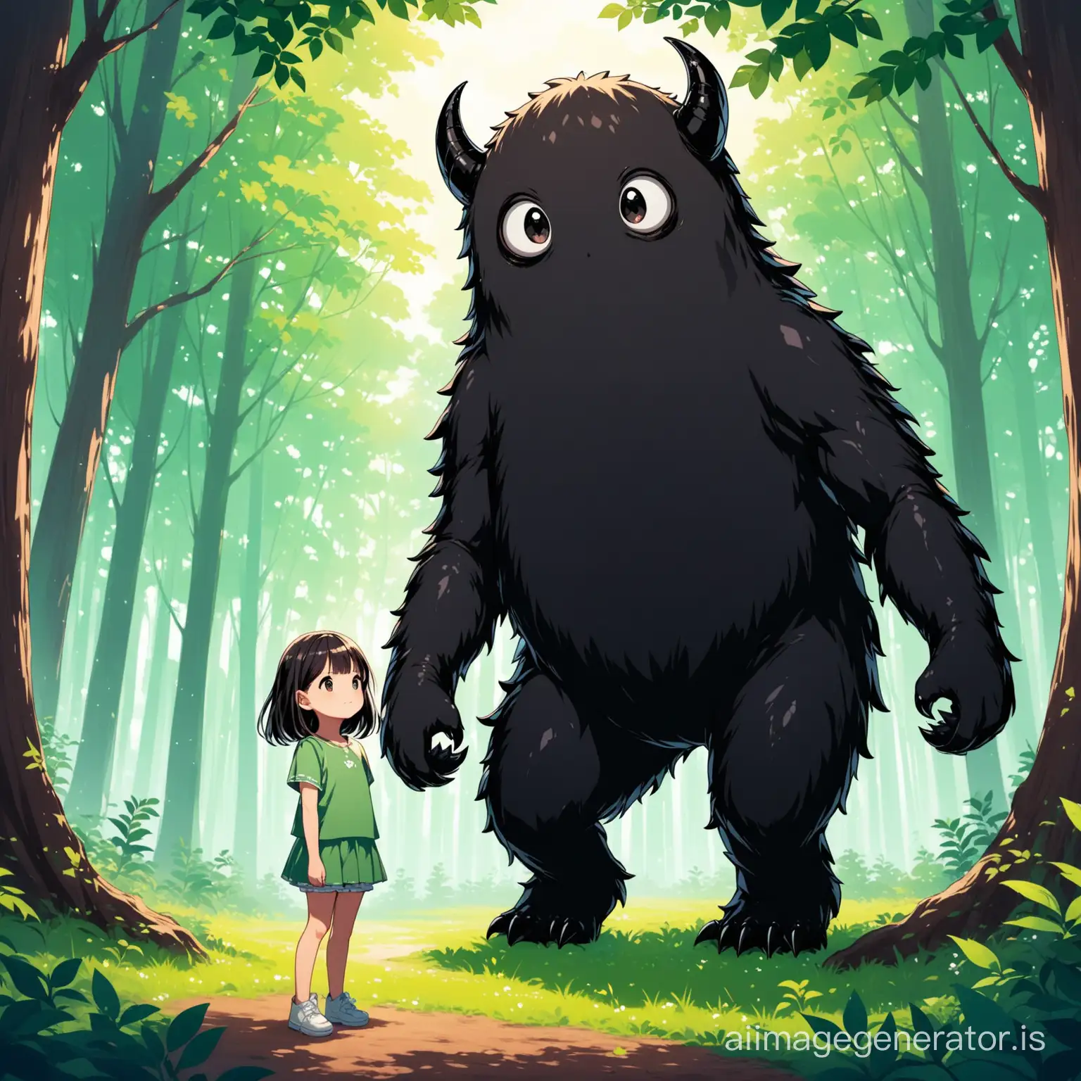 Young-Girl-Standing-Beside-Small-Black-Monster-in-Forest-Setting