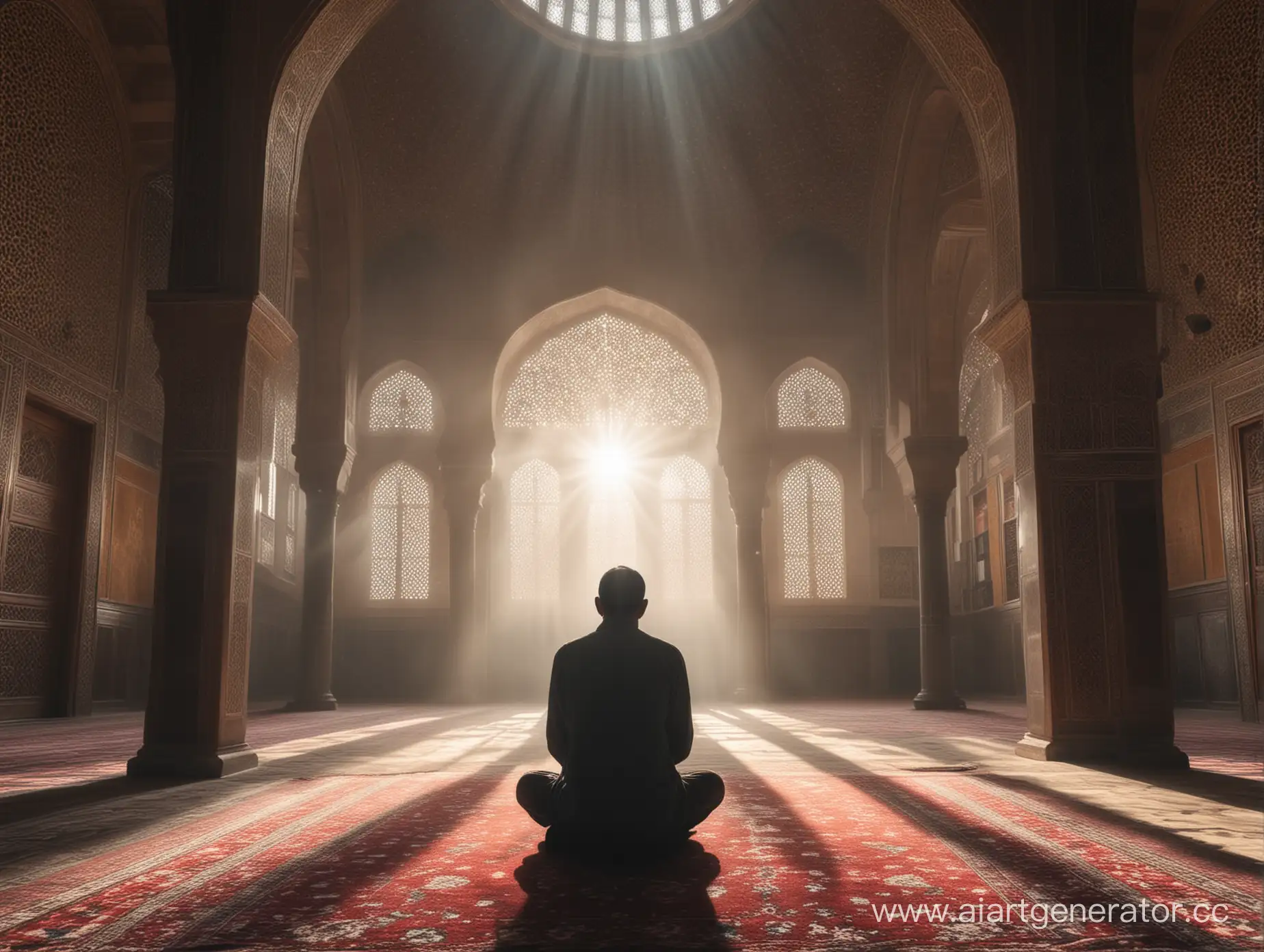 Silhouetted-Figure-Contemplating-in-Magnificent-Mosque-with-Radiant-Dome-and-Books