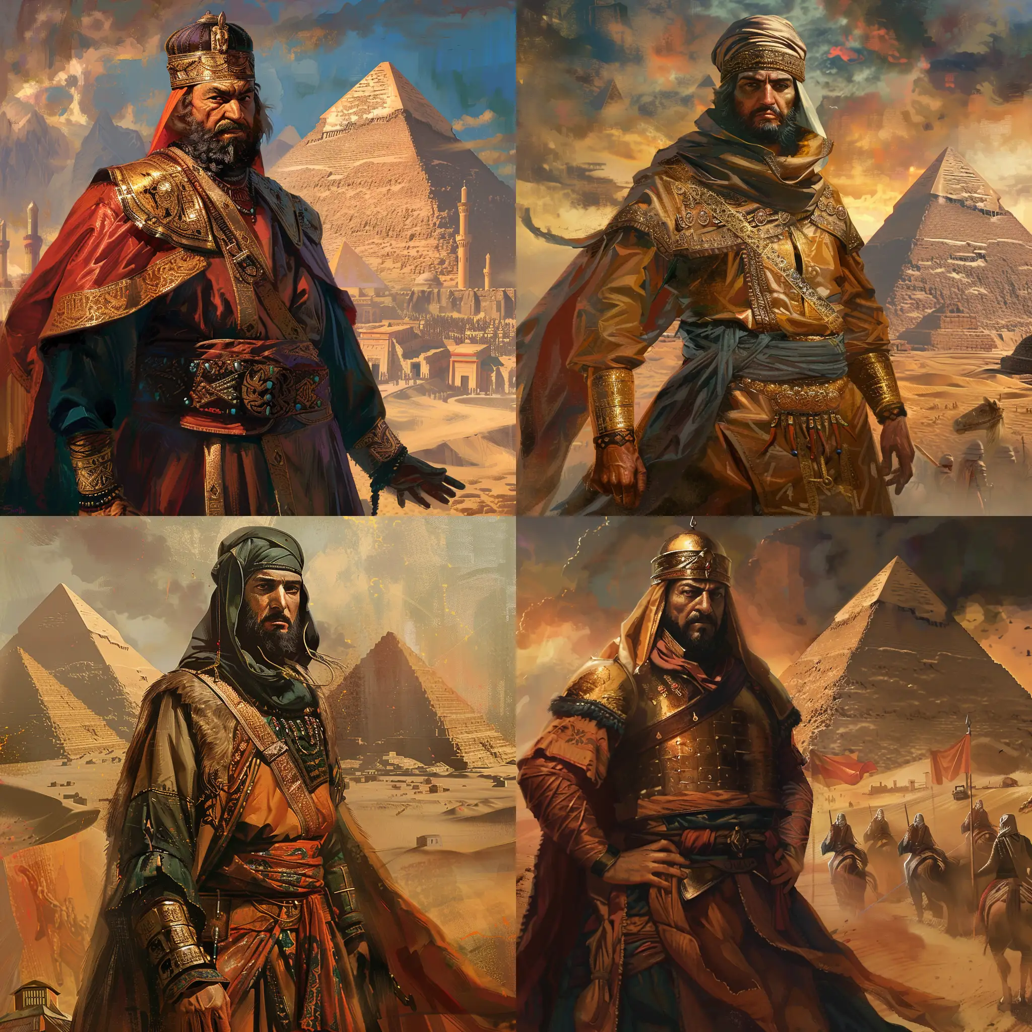 Qutuz, the Muslim leader who defeated the Mongols, standing in front of Egypt, artistic style