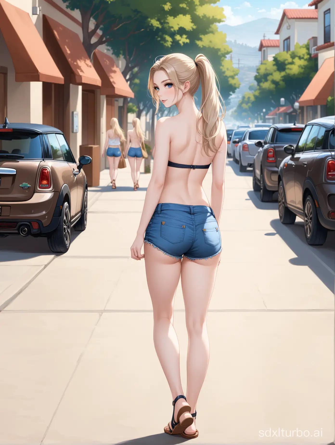 topless elegant girl, in the street, perfect ass, pale skin, sandals, blue mini jeans shorts, ash blonde pony tail, summer, California, cleavage, slim waist, tall