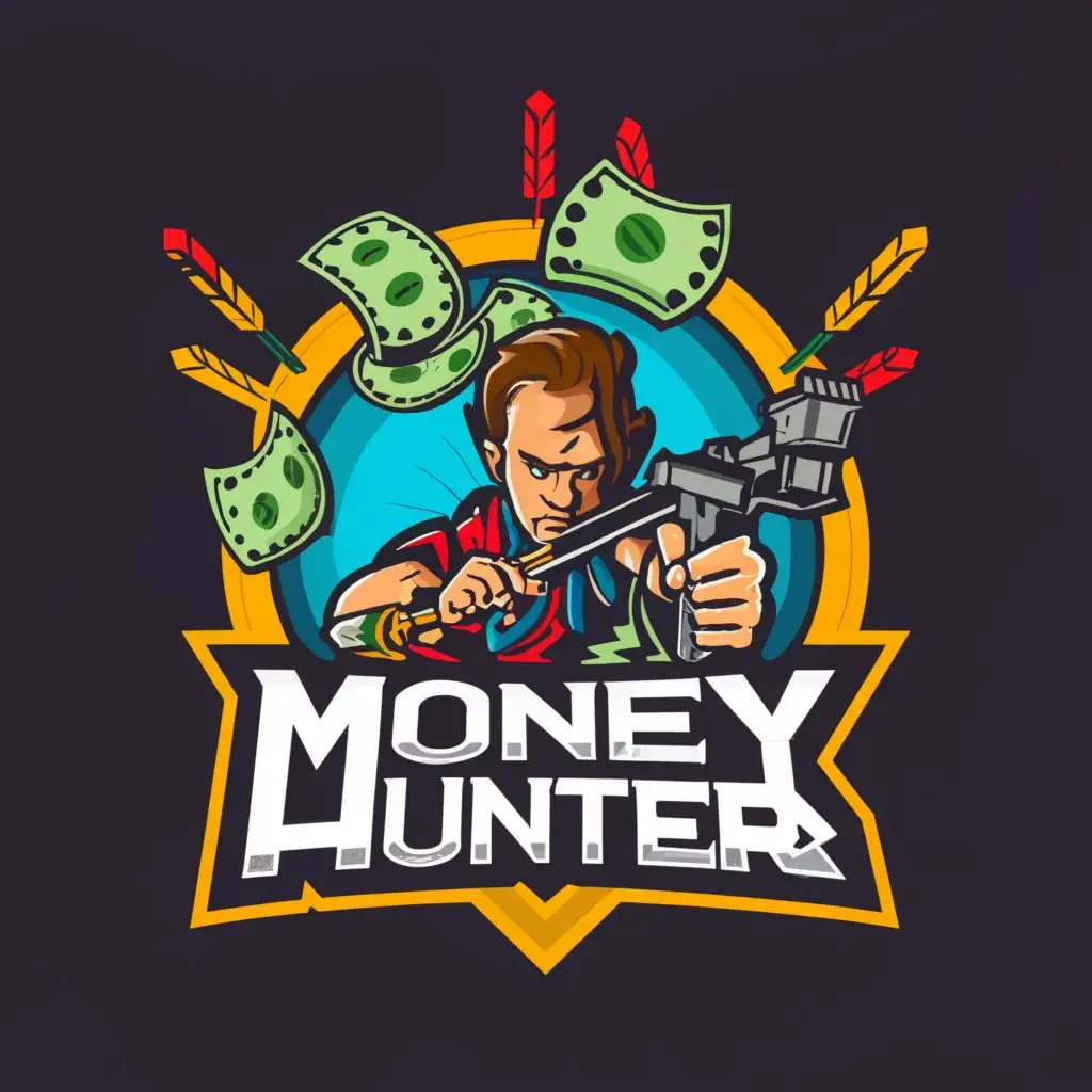 a logo design,with the text "money hunter", main symbol:the logo like  flying money  and a man shooting arrows at money,Moderate,clear background