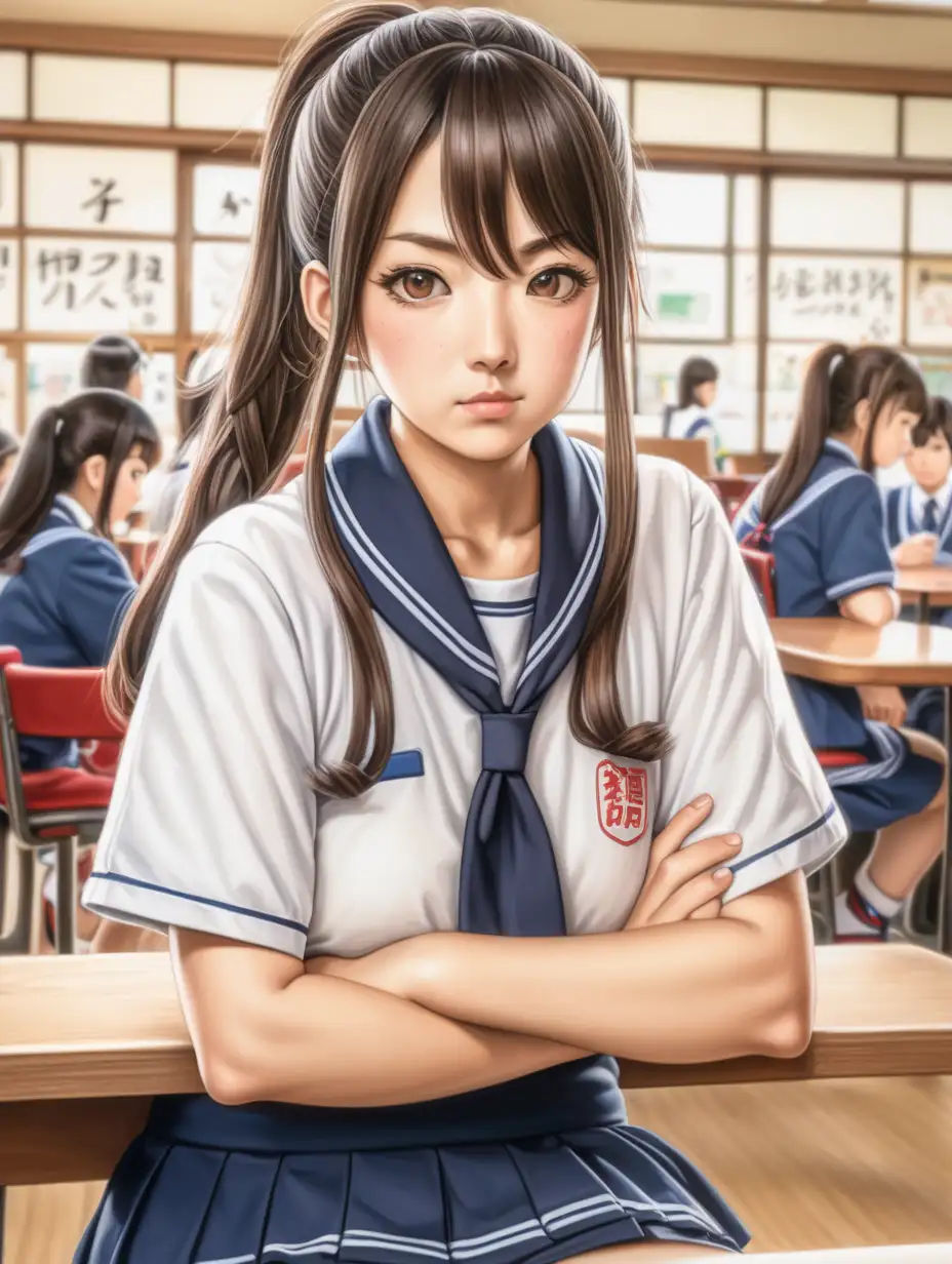 画一个成熟的日本女人，身材微胖，梳着马尾辫，穿着校服，大腿略粗，面色高冷，在食堂